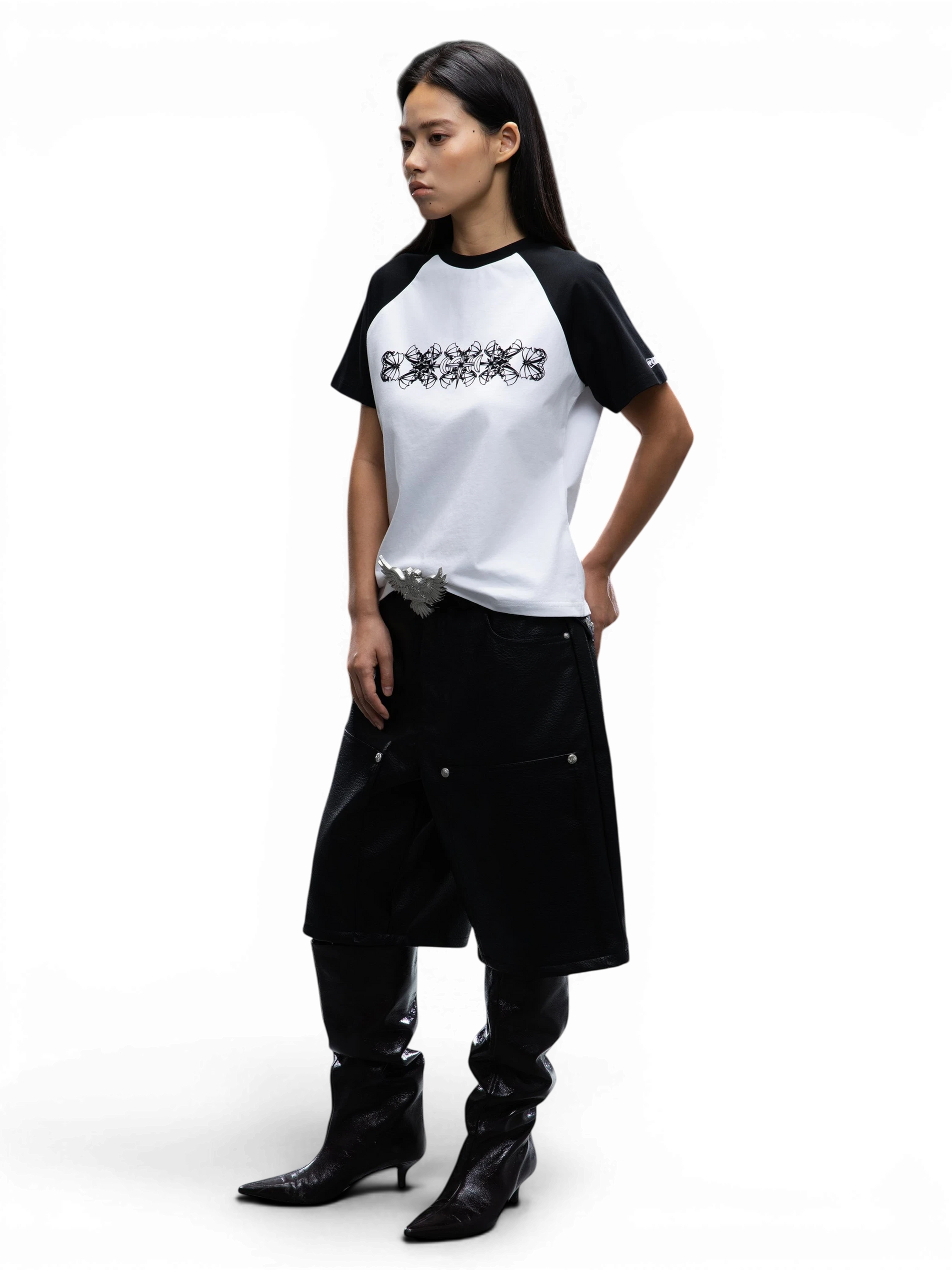 TBHNP Luminous Dawn women's velvet raglan t-shirt, black and white colour-block — streetwear tee