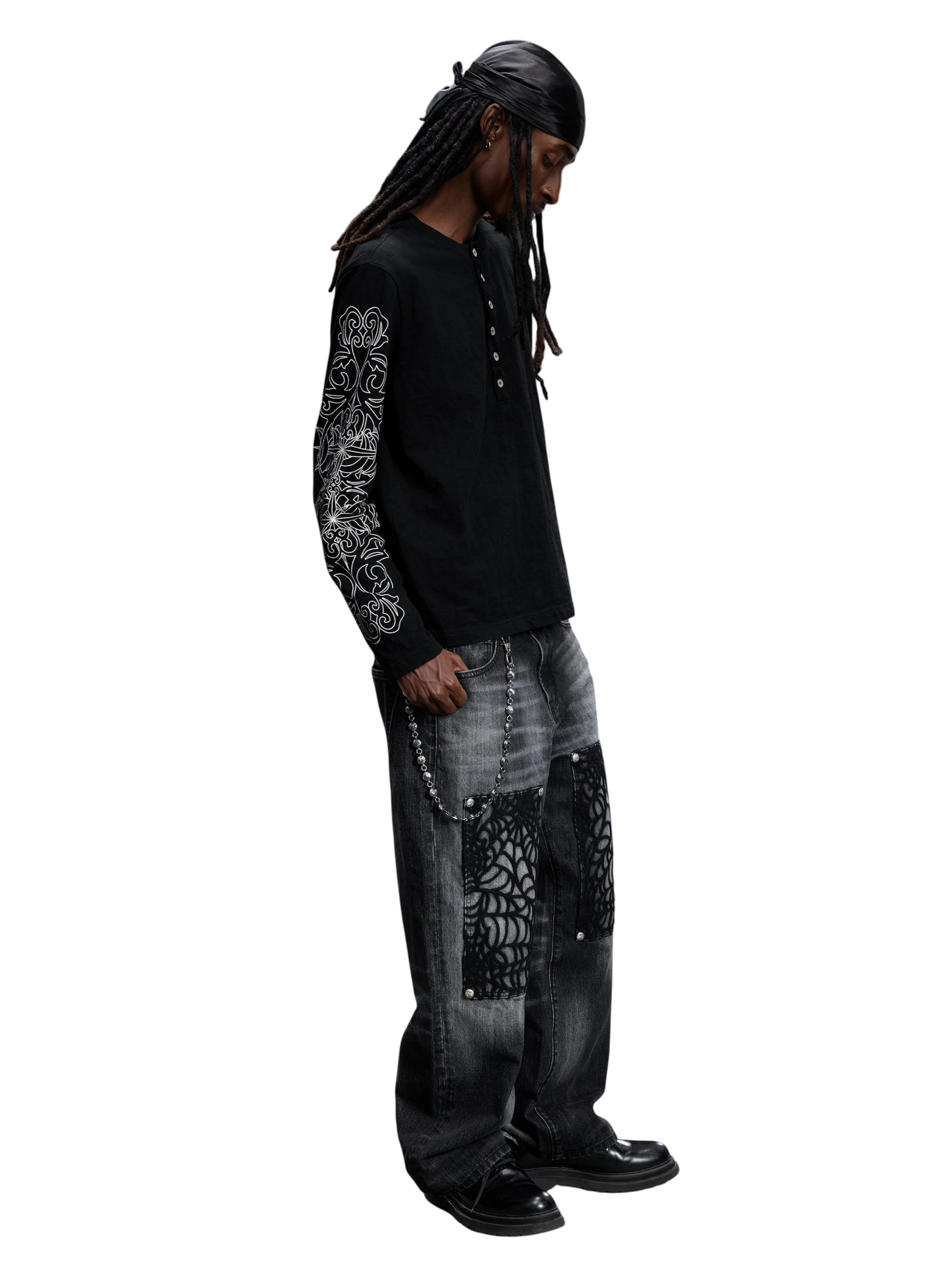 TBHNP Luminous Dawn baroque sleeve-print Henley long sleeve tee with metal buttons — gothic streetwear