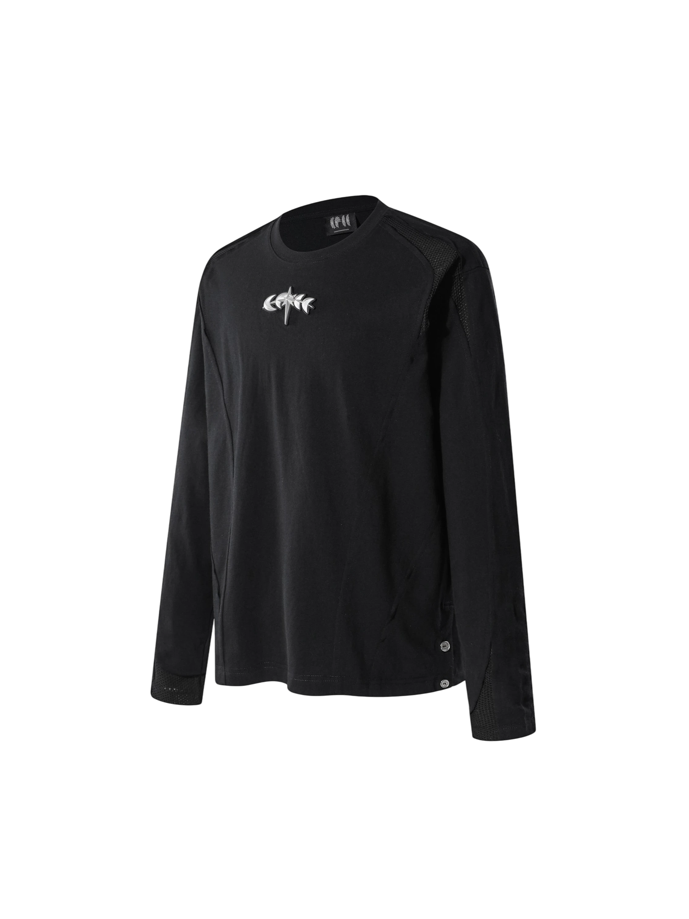 TBHNP Luminous Dawn sculpted mesh-panel long sleeve tee with metallic astral emblem — gothic streetwear