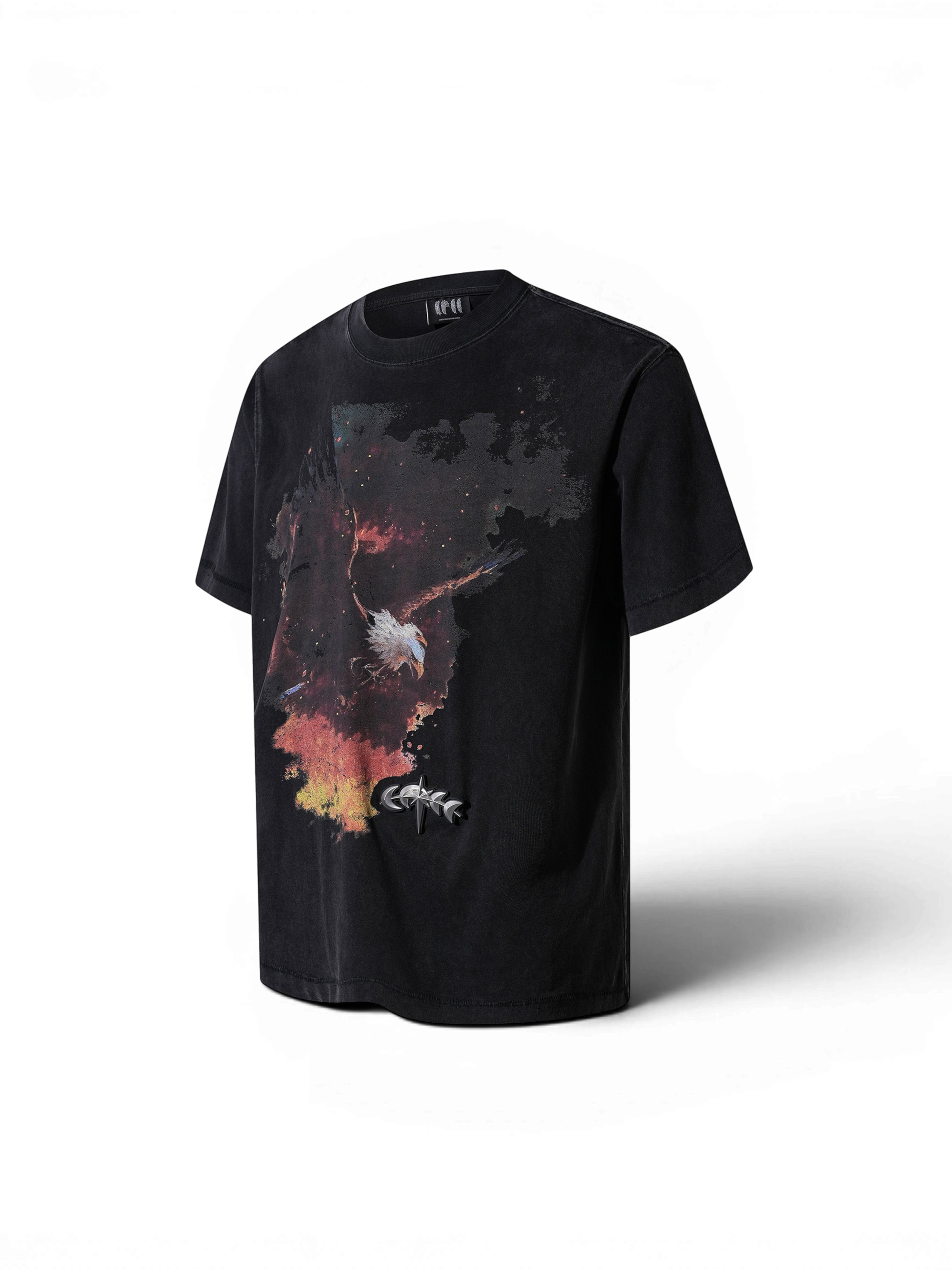 TBHNP Luminous Dawn double-headed eagle washed cotton t-shirt, black — men's streetwear graphic tee