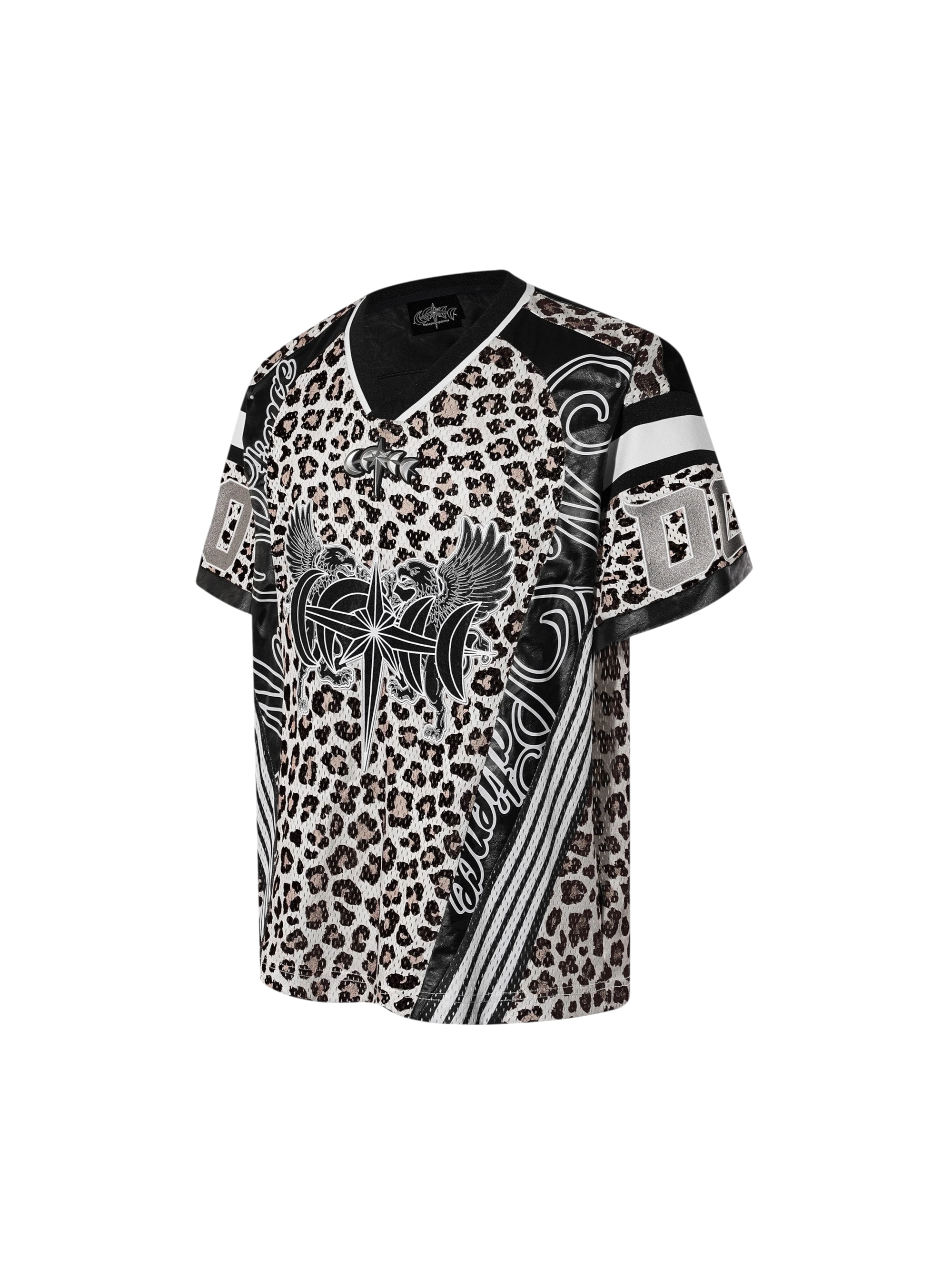 TBHNP Luminous Dawn leopard patchwork rugby shirt with double-headed eagle graphic — men's streetwear top