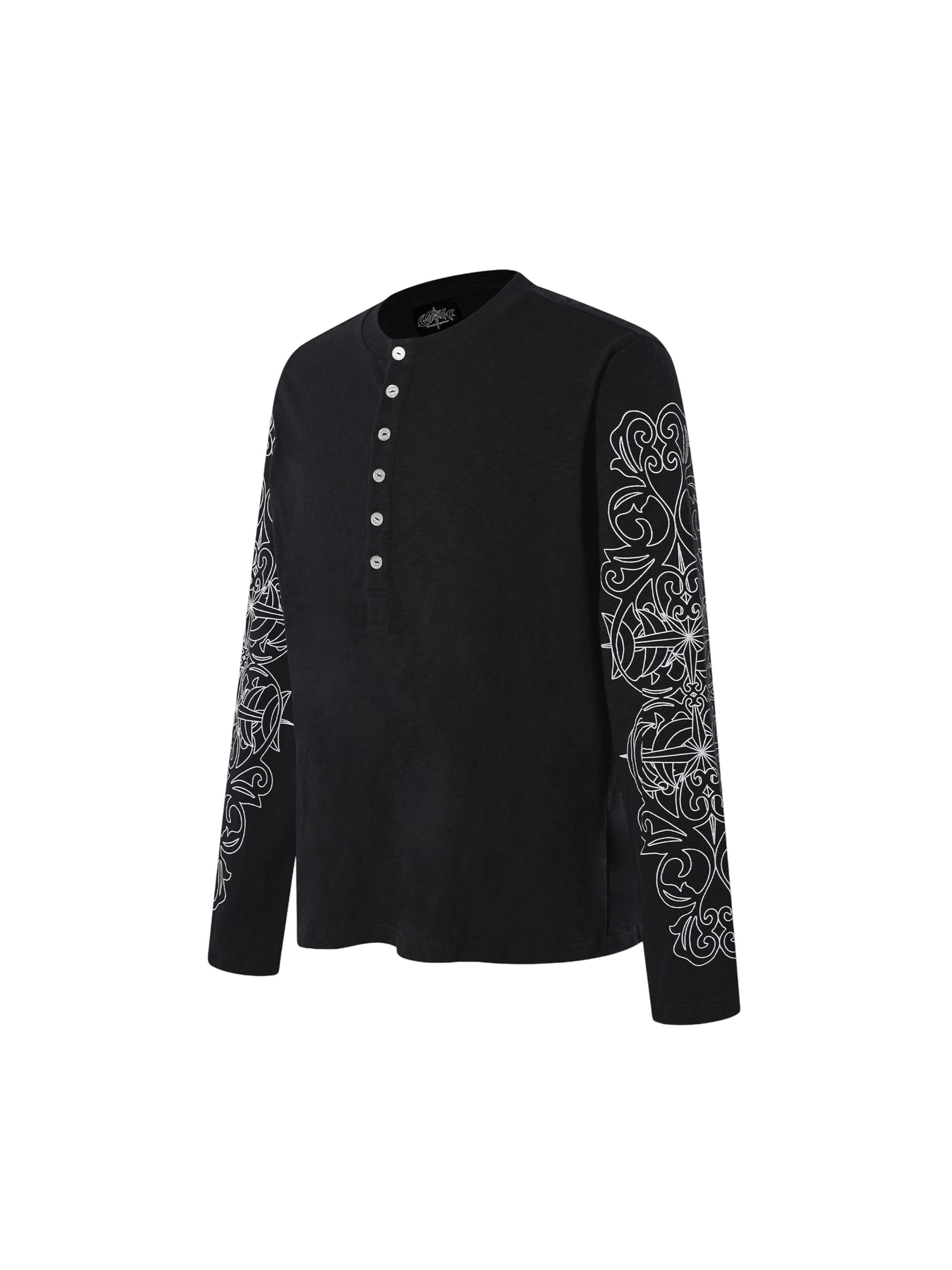 TBHNP Luminous Dawn baroque sleeve-print Henley long sleeve tee with metal buttons — gothic streetwear