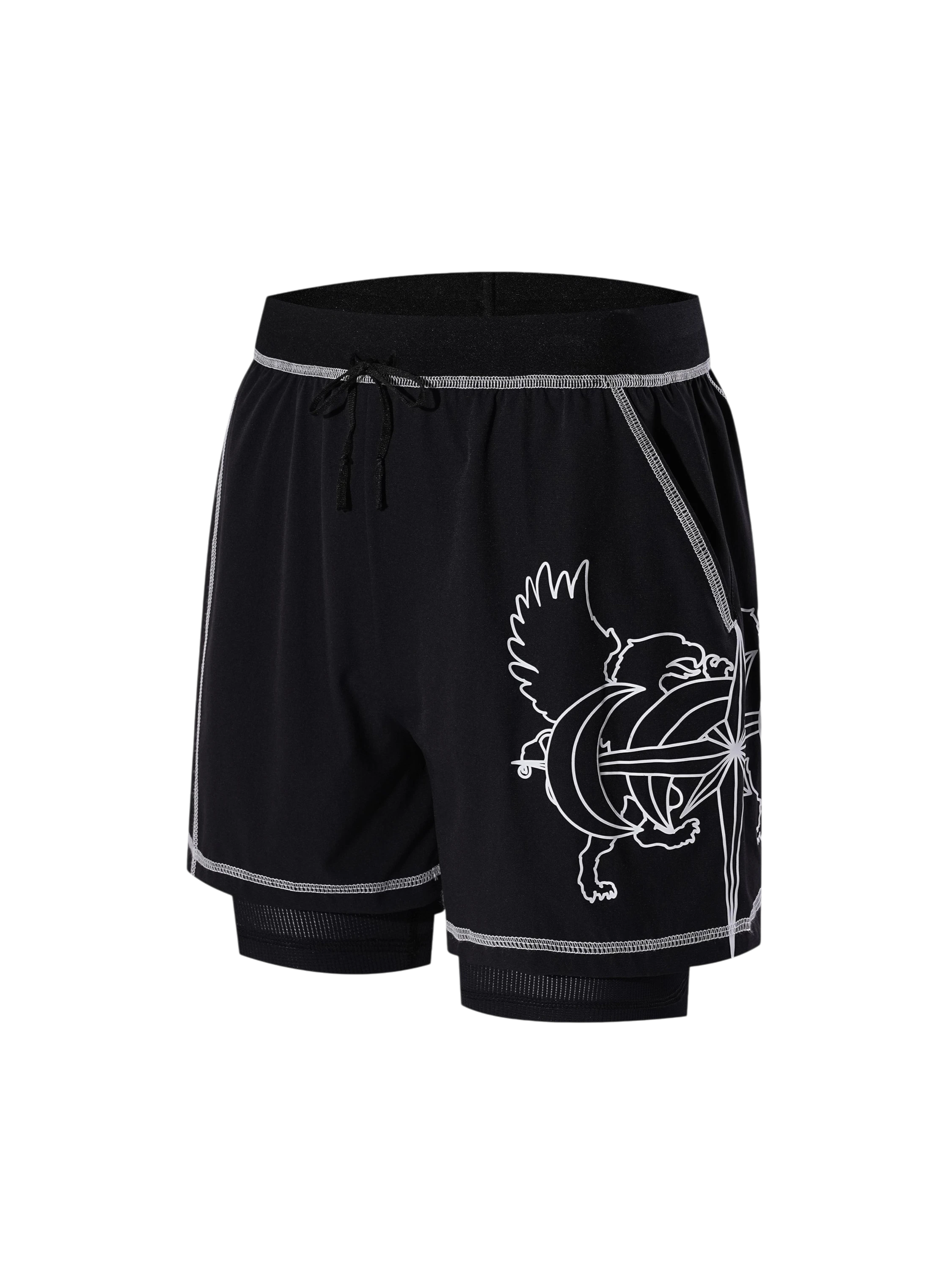 TBHNP Luminous Dawn double-headed eagle layered sports shorts — men's streetwear shorts