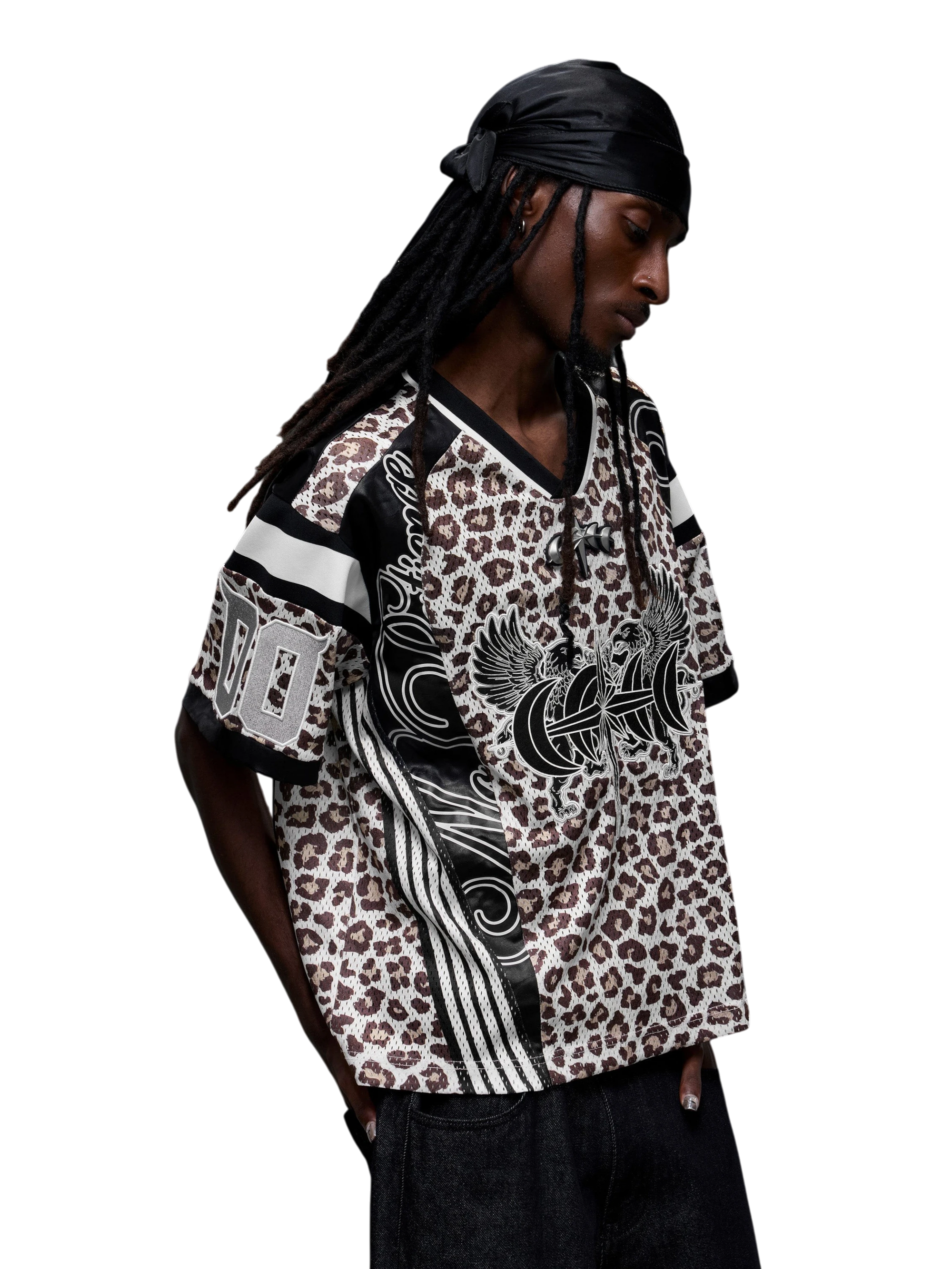 TBHNP Luminous Dawn leopard patchwork rugby shirt with double-headed eagle graphic — men's streetwear top
