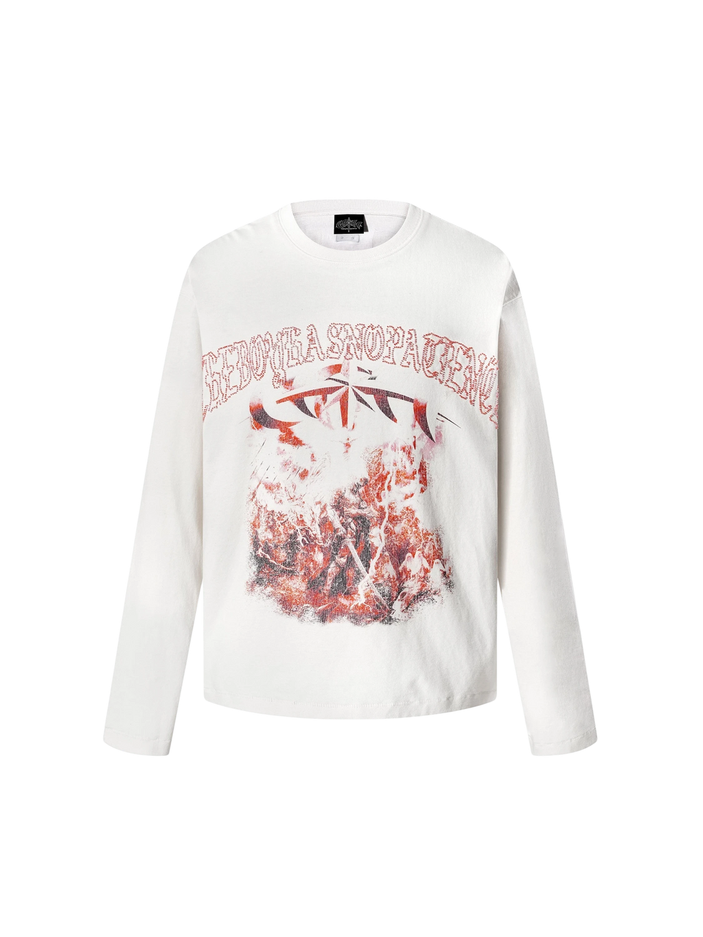 TBHNP Luminous Dawn distressed knight graphic long sleeve tee with bead-embroidered gothic lettering