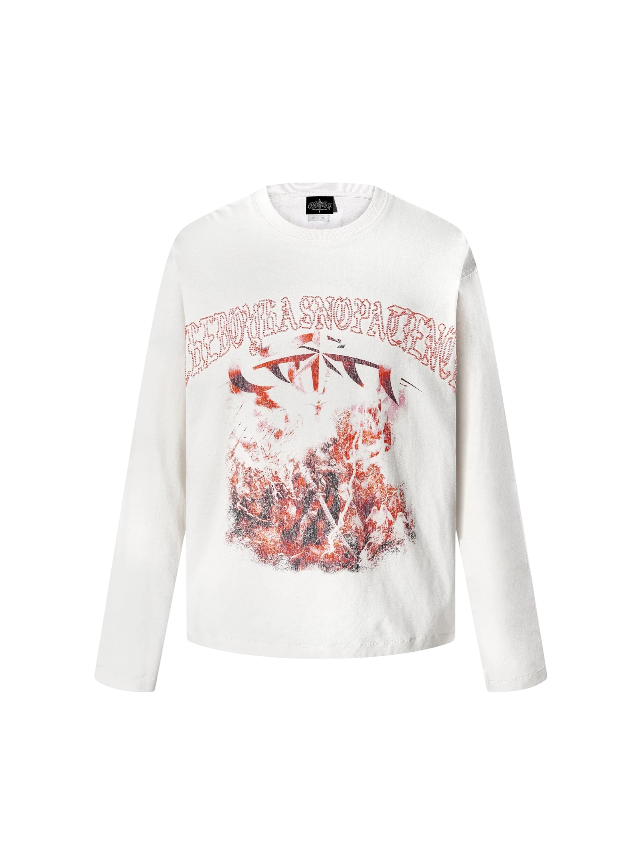 TBHNP Luminous Dawn distressed knight graphic long sleeve tee with bead-embroidered gothic lettering