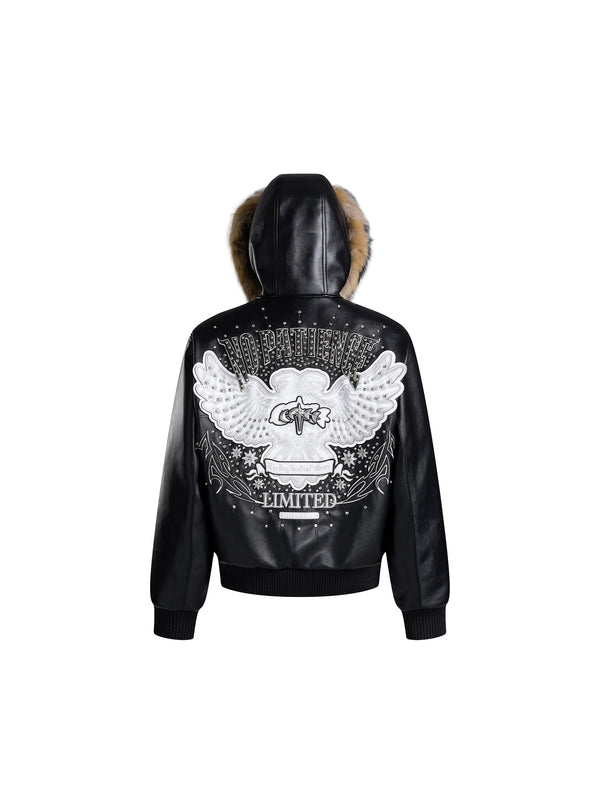 LUMINOUS DAWN RHINESTONE LEATHER PATCH HOODED ZIP JACKET