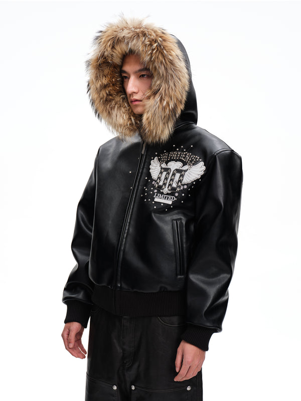 LUMINOUS DAWN RHINESTONE LEATHER PATCH HOODED ZIP JACKET