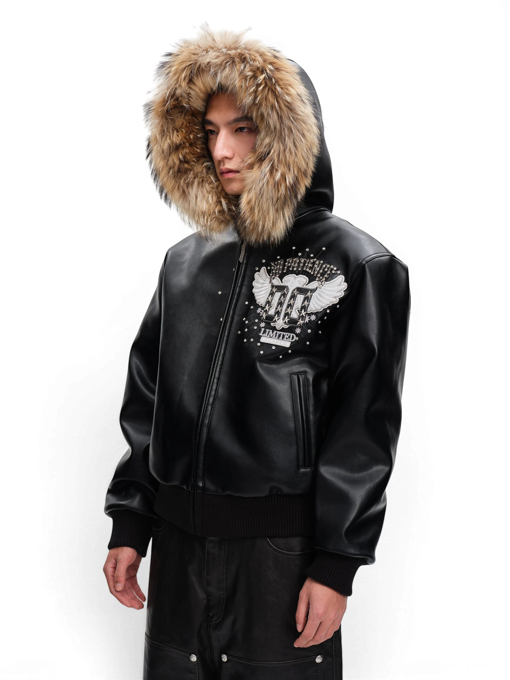 LUMINOUS DAWN RHINESTONE WINGED FUR-HOOD LEATHER JACKET