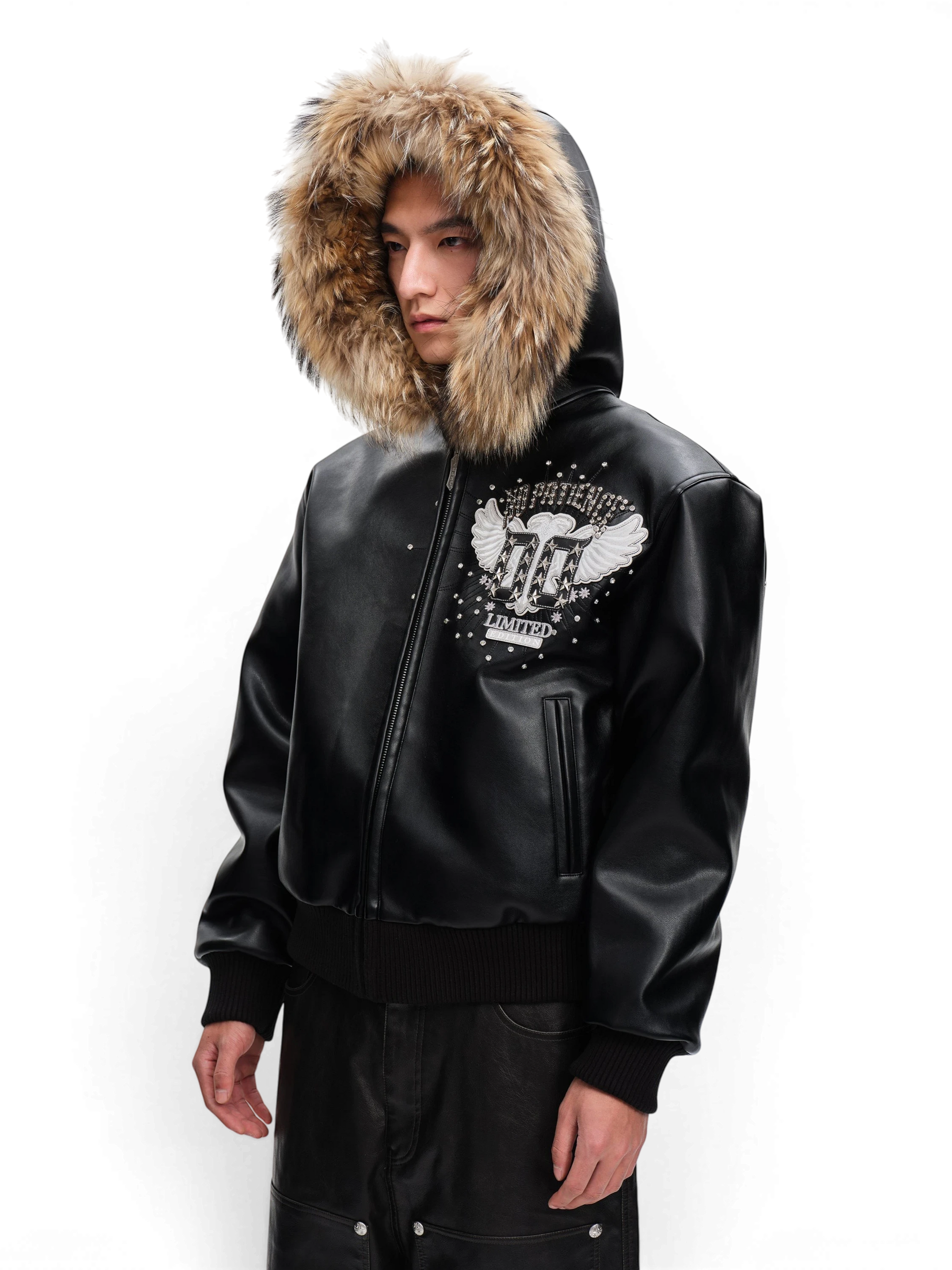TBHNP Luminous Dawn rhinestone winged fur-hood leather jacket, black — men's gothic streetwear jacket