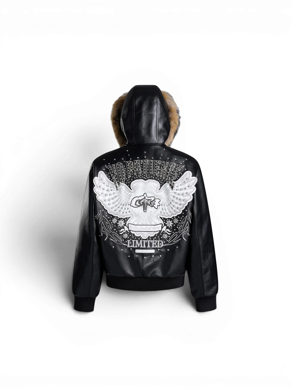 LUMINOUS DAWN RHINESTONE WINGED FUR-HOOD LEATHER JACKET