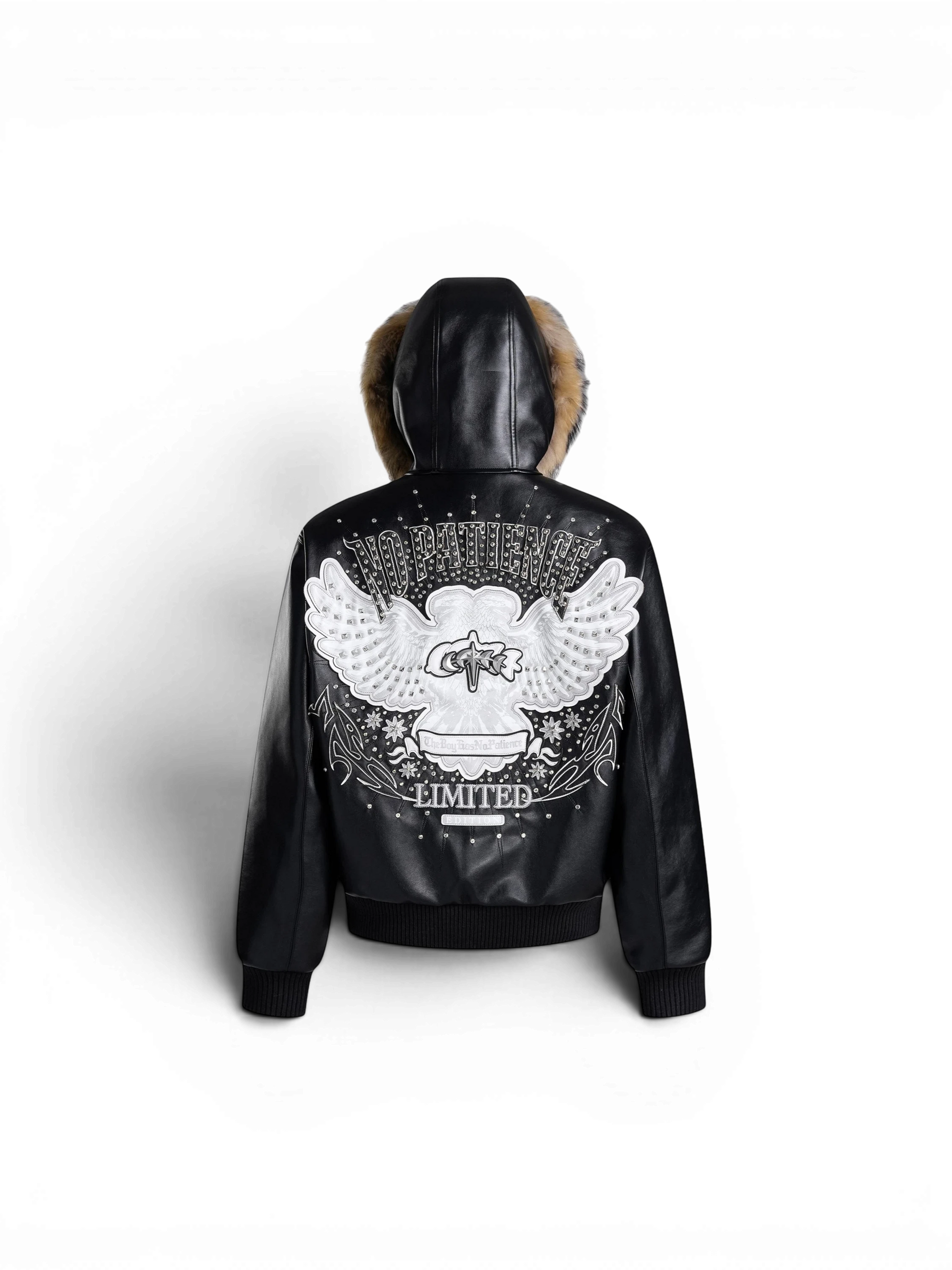 TBHNP Luminous Dawn rhinestone winged fur-hood leather jacket, black — men's gothic streetwear jacket