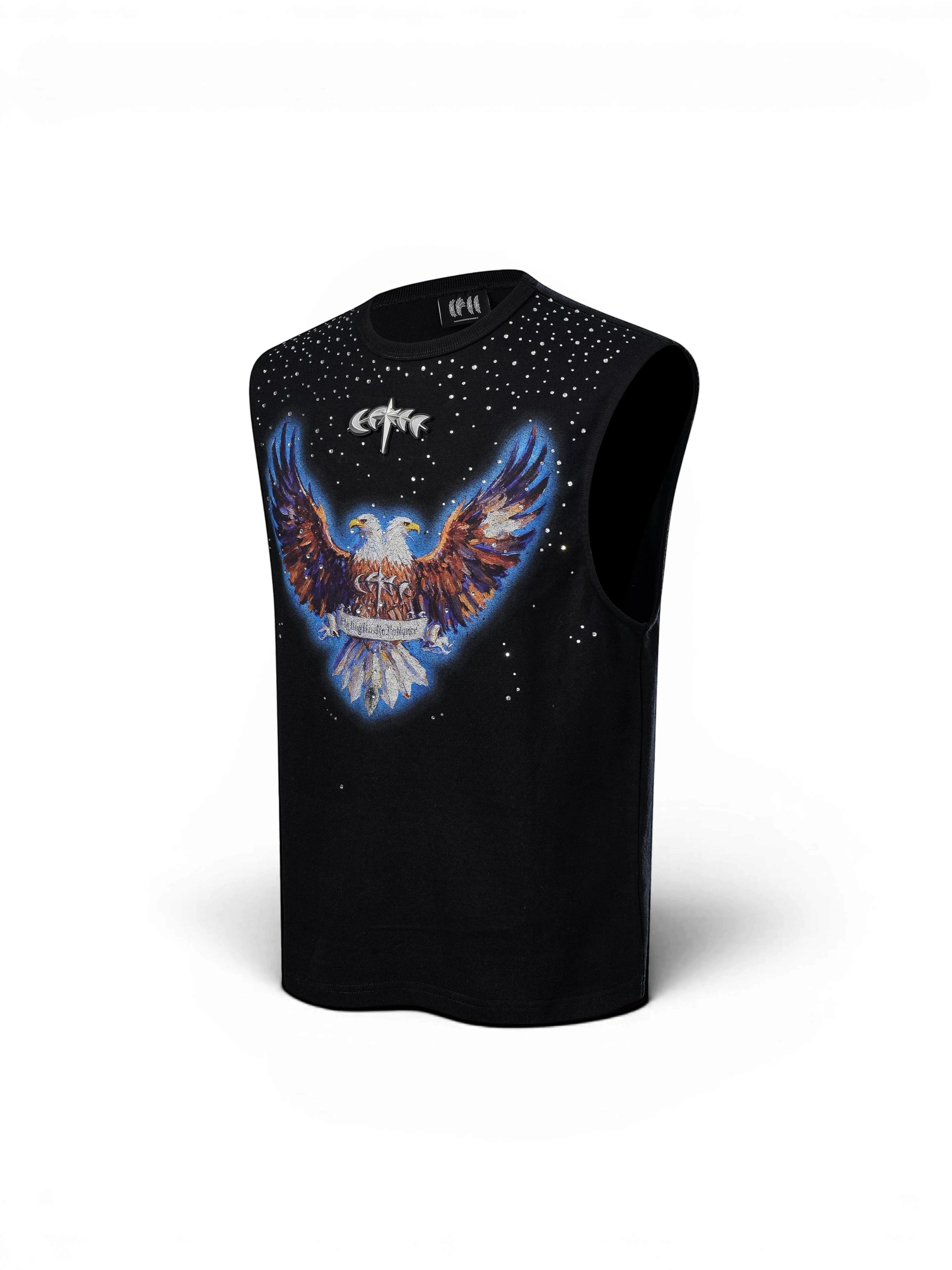 TBHNP Luminous Dawn double-headed eagle rhinestone cotton tank top, black — men's streetwear sleeveless tee