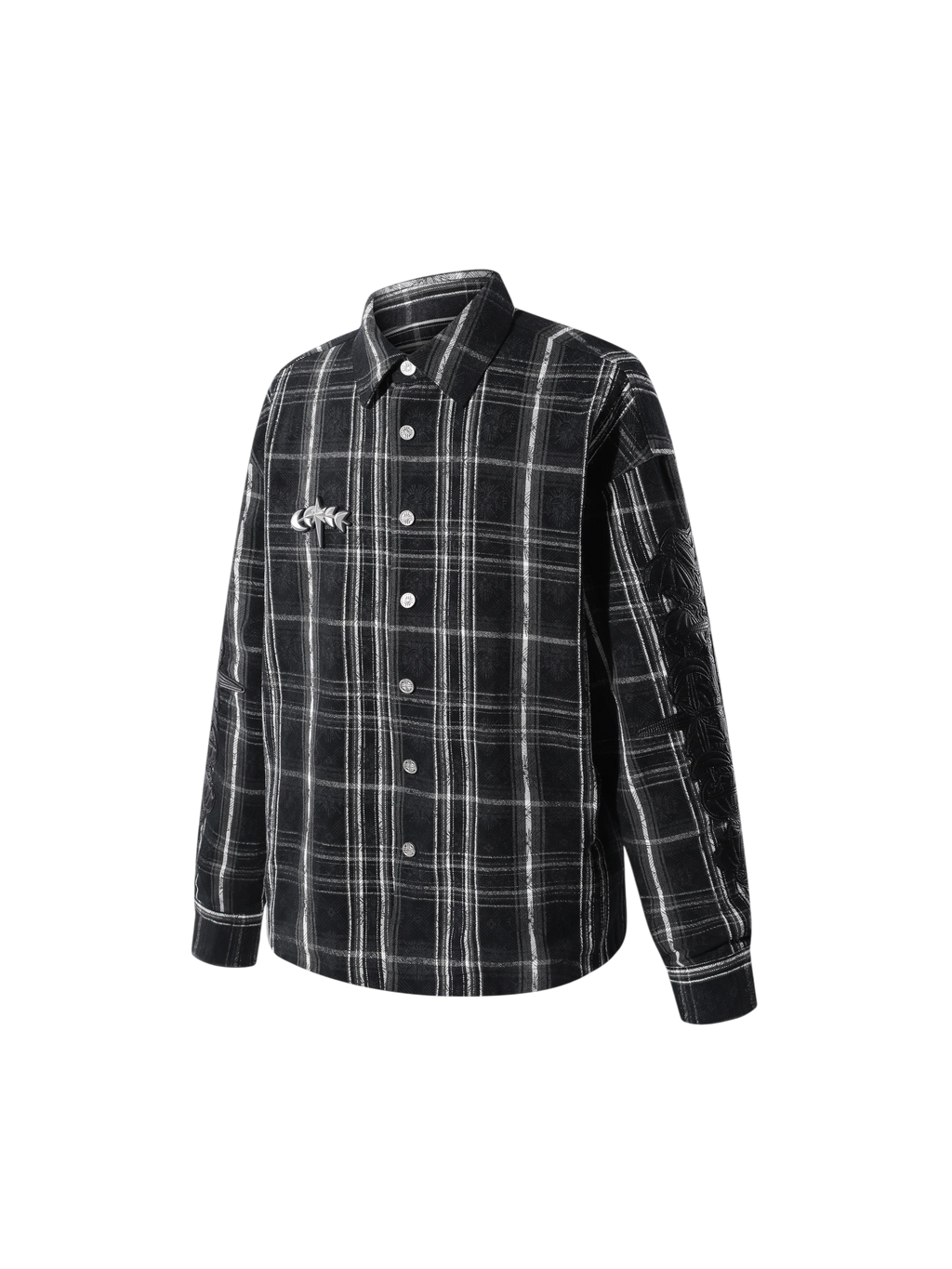 Dark Grey Starry Leather Patch Plaid Shirt, front flat view.
