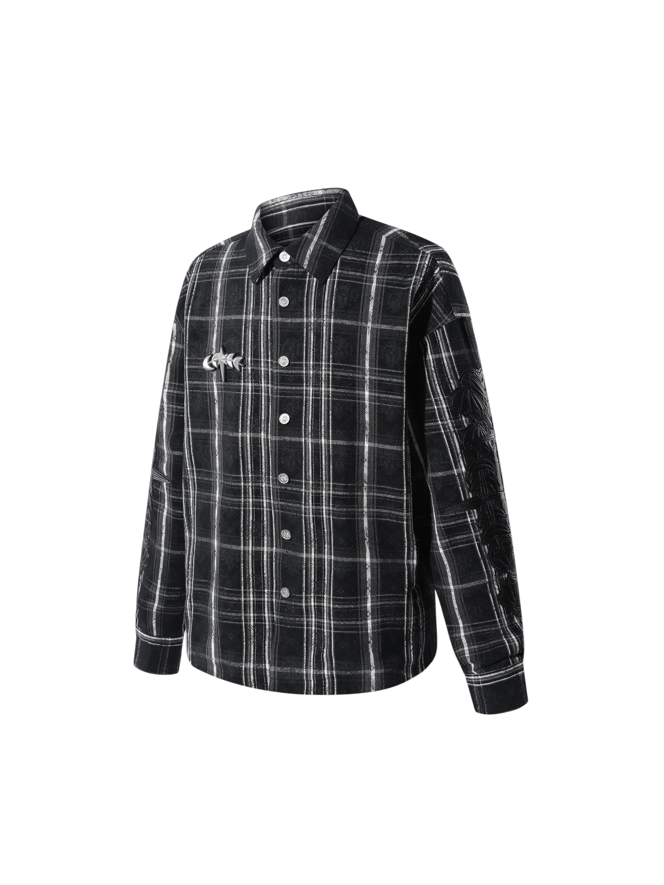 Dark Grey Starry Leather Patch Plaid Shirt, front flat view.