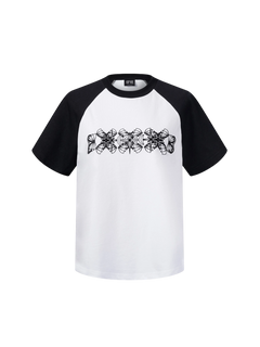 TBHNP Luminous Dawn women's velvet raglan t-shirt, black and white colour-block — streetwear tee