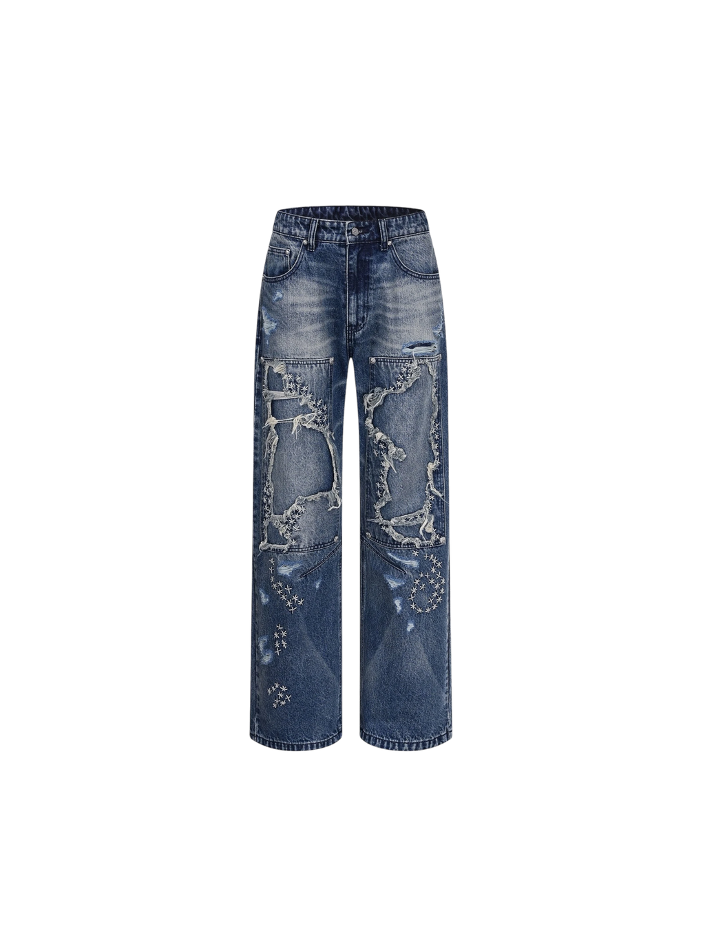 Vaqueros azules Luminous Dawn con lavado vintage, vista frontal con paneles desgastados y bordados de punto de cruz