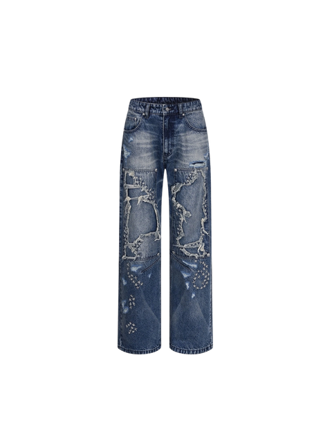 Luminous Dawn blue washed jeans, front view with distressed panels and cross-stitch embroidery