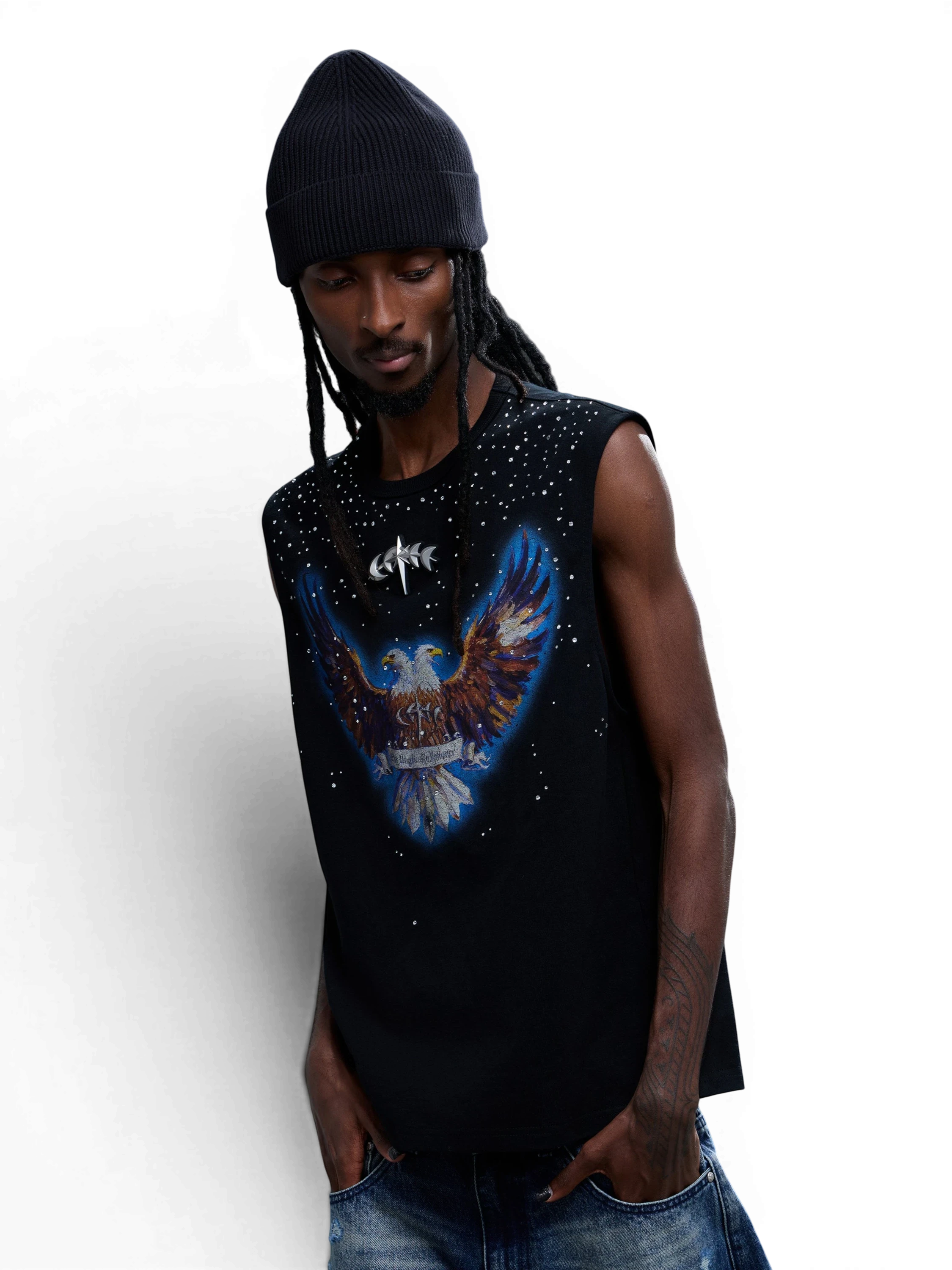 TBHNP Luminous Dawn double-headed eagle rhinestone cotton tank top, black — men's streetwear sleeveless tee