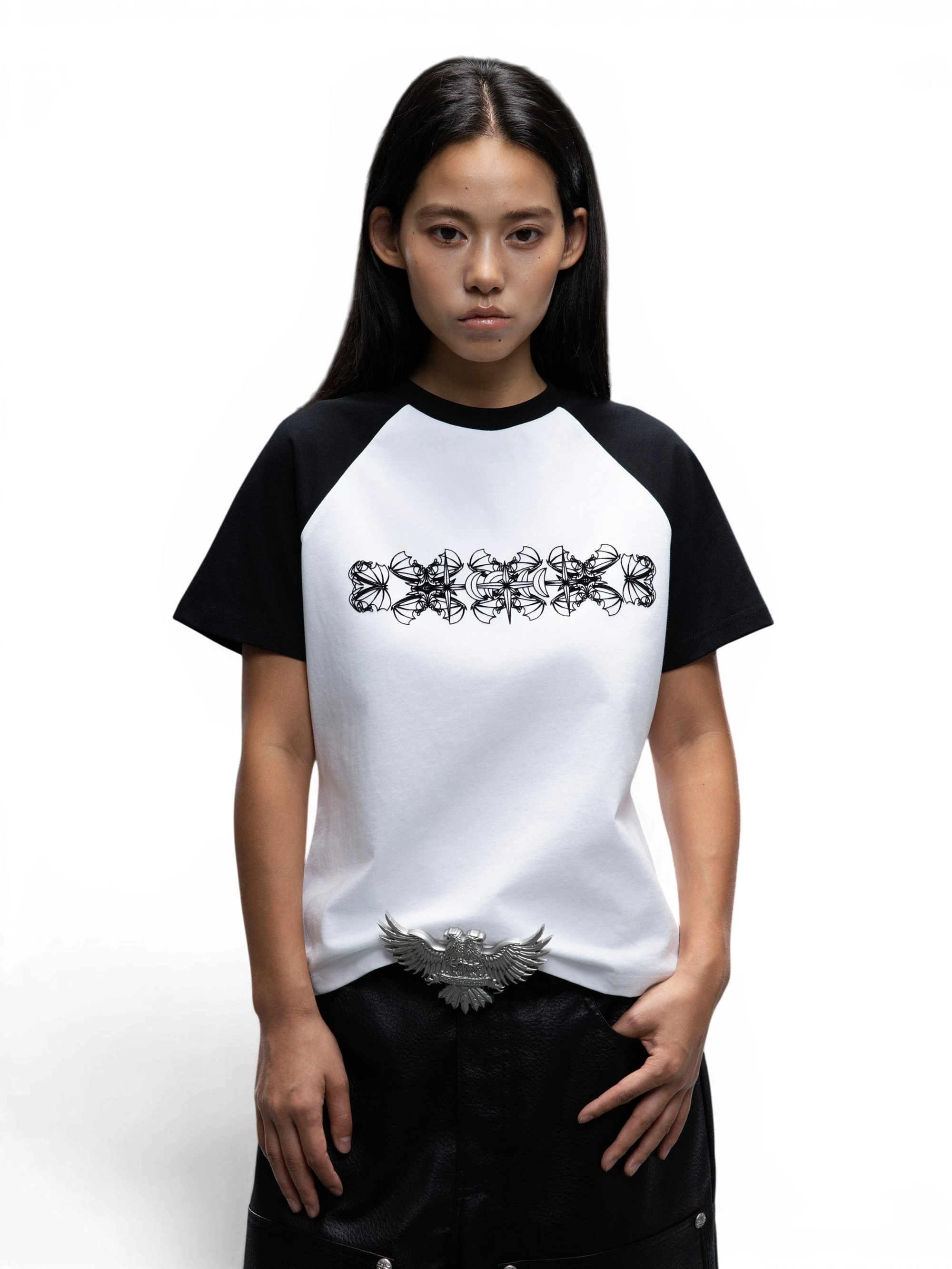TBHNP Luminous Dawn women's velvet raglan t-shirt, black and white colour-block — streetwear tee