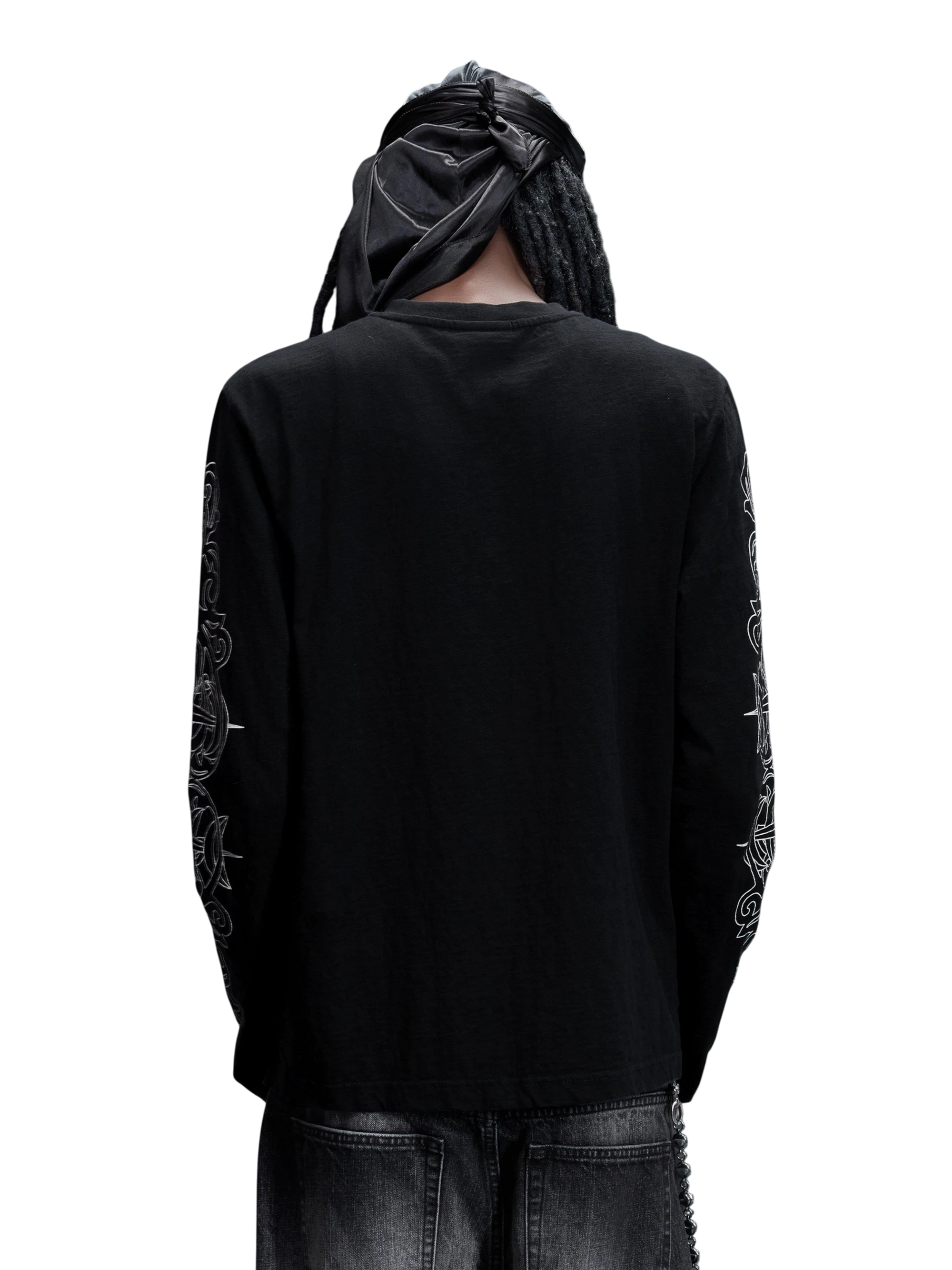 TBHNP Luminous Dawn baroque sleeve-print Henley long sleeve tee with metal buttons — gothic streetwear