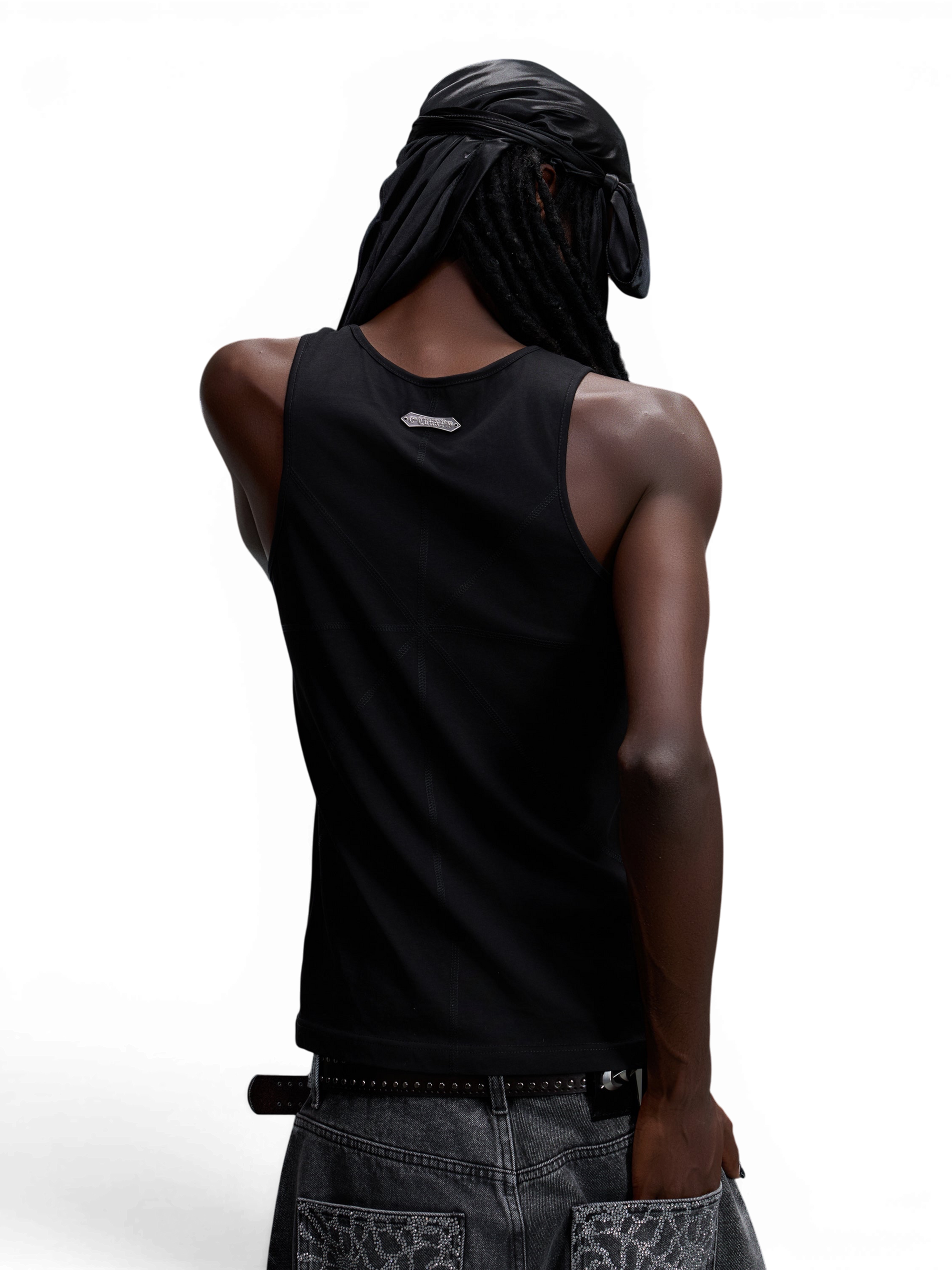 TBHNP Luminous Dawn starburst rhinestone ribbed cotton tank top, black — men's streetwear sleeveless tee