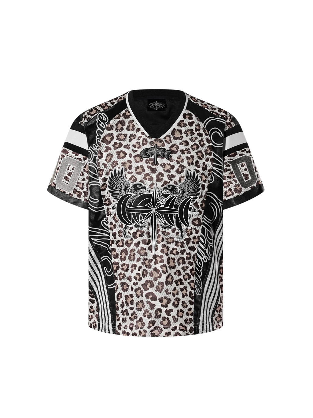 TBHNP Luminous Dawn leopard patchwork rugby shirt with double-headed eagle graphic — men's streetwear top