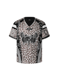 TBHNP Luminous Dawn leopard patchwork rugby shirt with double-headed eagle graphic — men's streetwear top