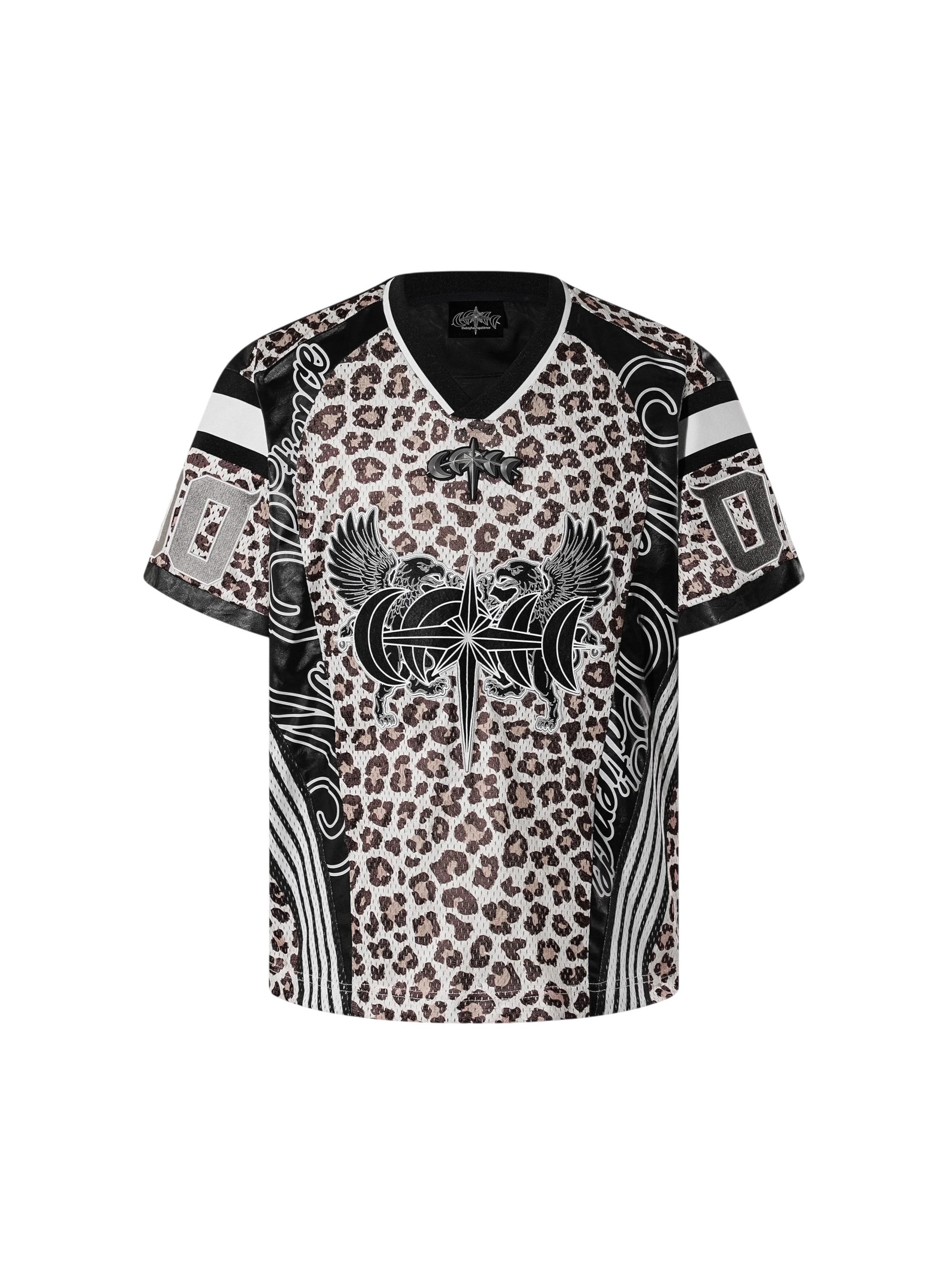 TBHNP Luminous Dawn leopard patchwork rugby shirt with double-headed eagle graphic — men's streetwear top