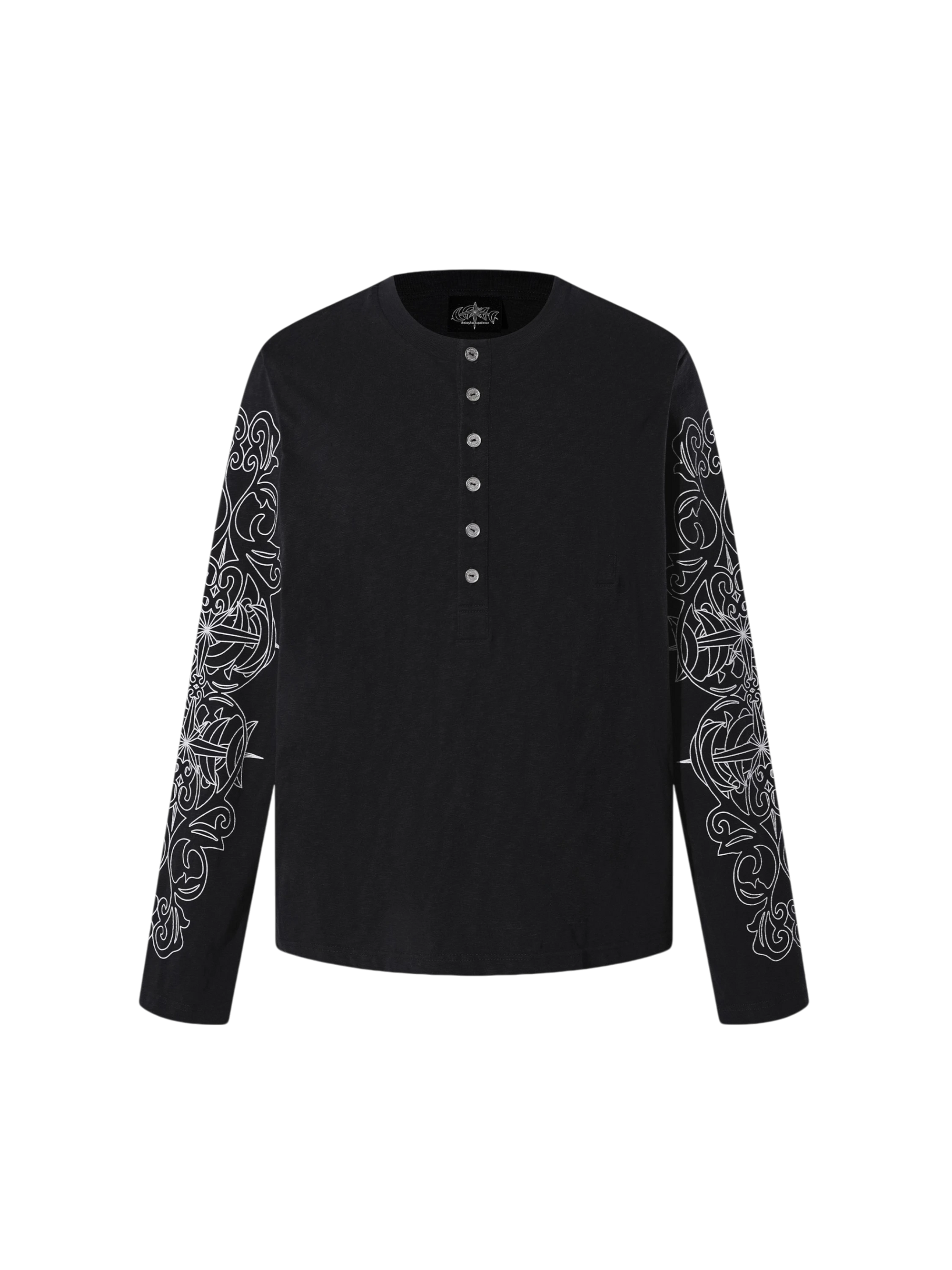 TBHNP Luminous Dawn baroque sleeve-print Henley long sleeve tee with metal buttons — gothic streetwear