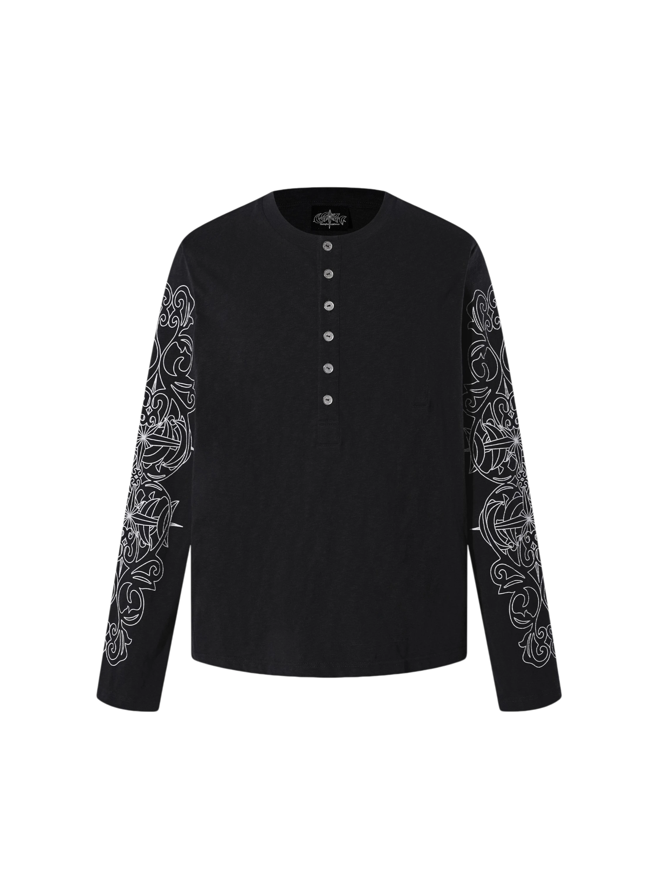 TBHNP Luminous Dawn baroque sleeve-print Henley long sleeve tee with metal buttons — gothic streetwear