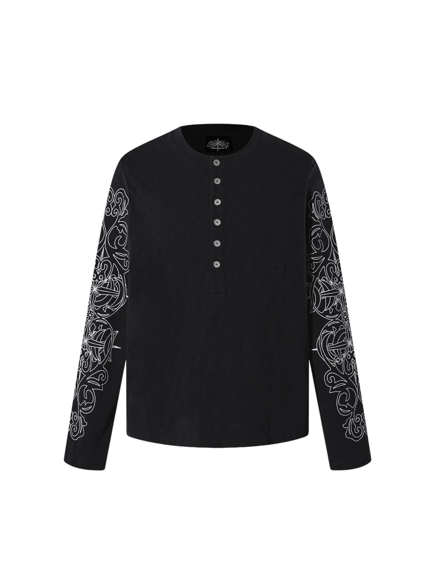 TBHNP Luminous Dawn baroque sleeve-print Henley long sleeve tee with metal buttons — gothic streetwear