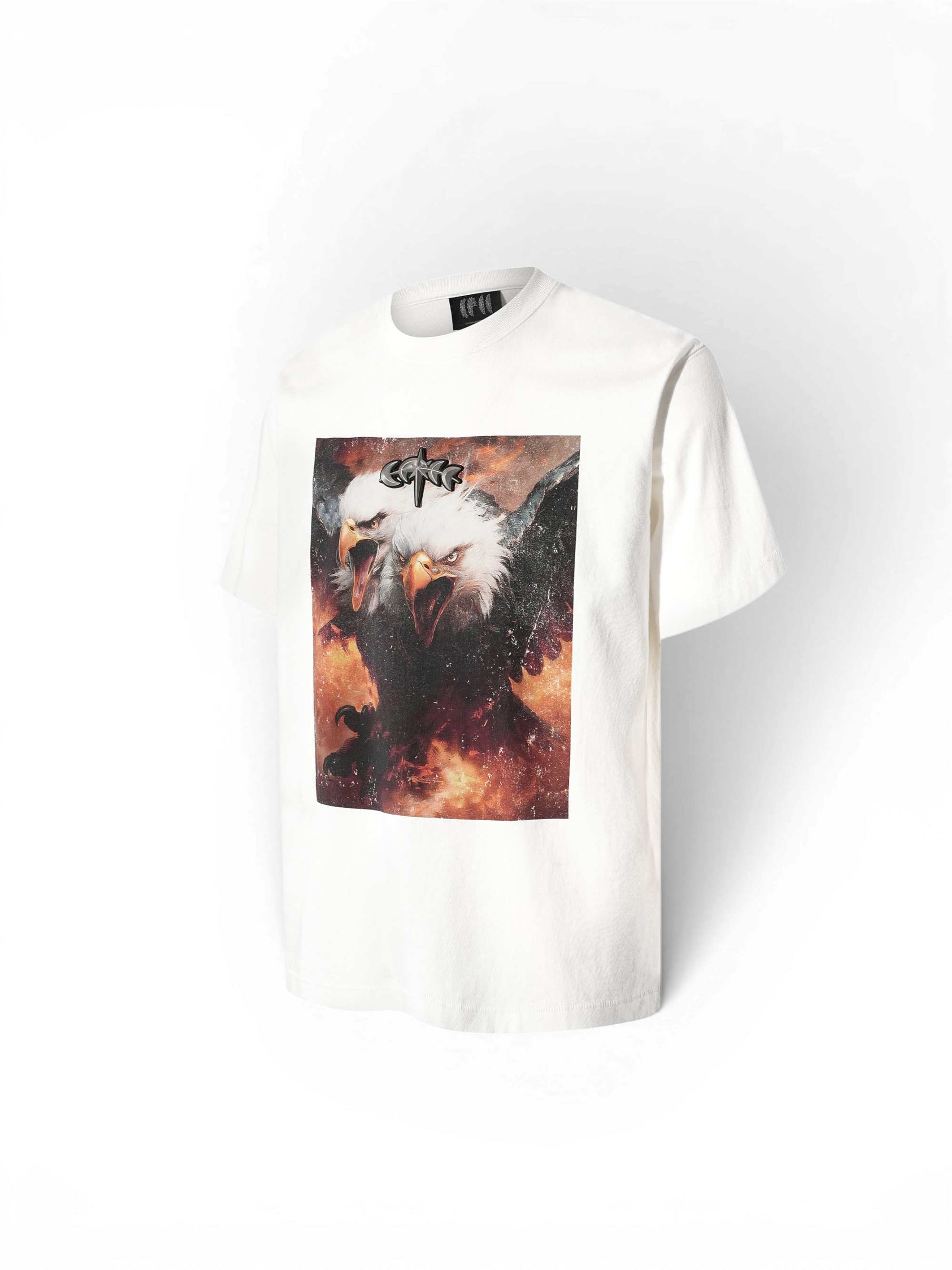 TBHNP Luminous Dawn double-headed eagle photo-print cotton t-shirt, white — men's streetwear graphic tee