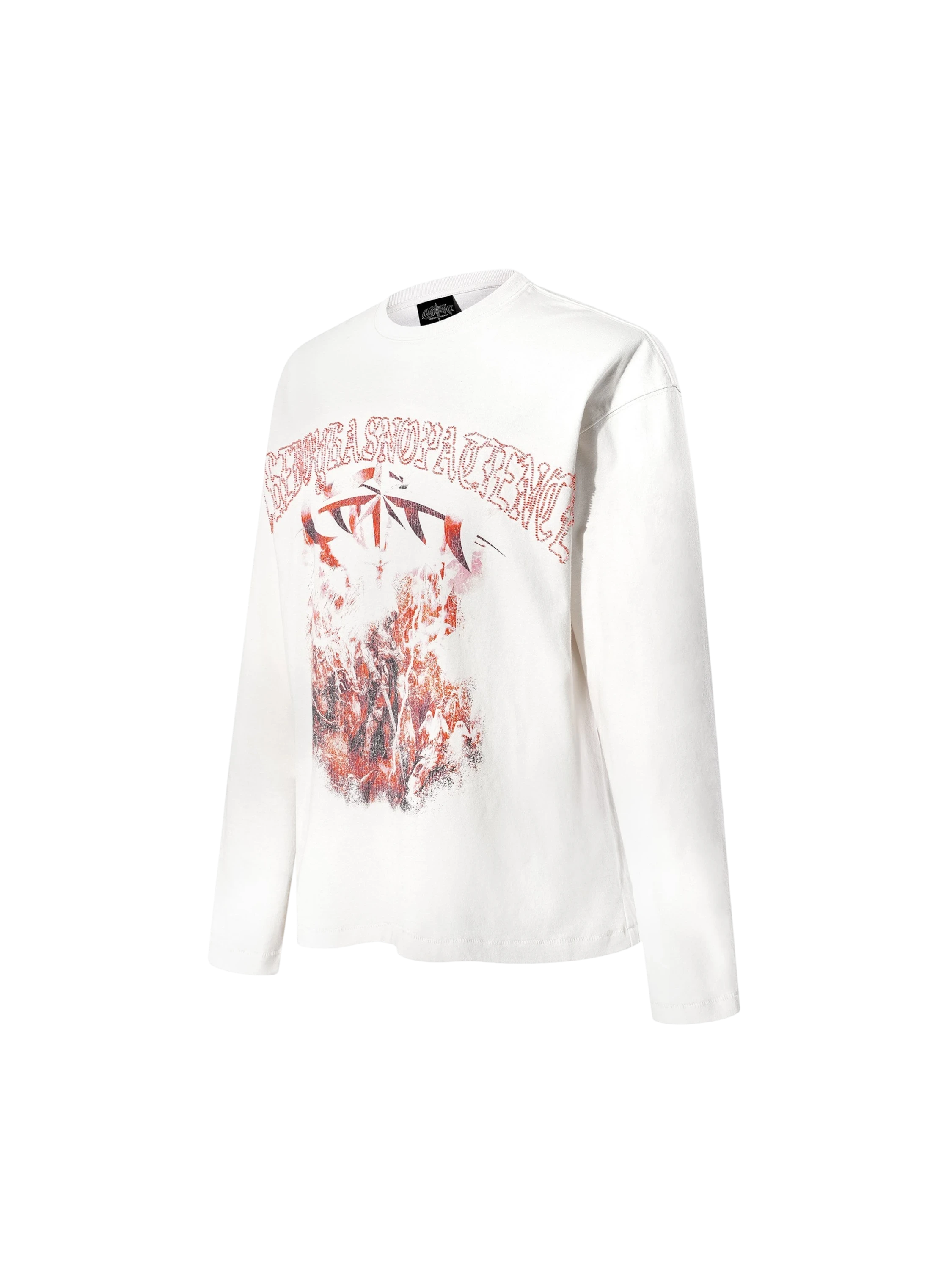 TBHNP Luminous Dawn distressed knight graphic long sleeve tee with bead-embroidered gothic lettering