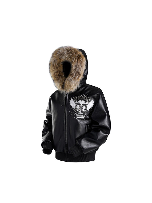 LUMINOUS DAWN RHINESTONE LEATHER PATCH HOODED ZIP JACKET