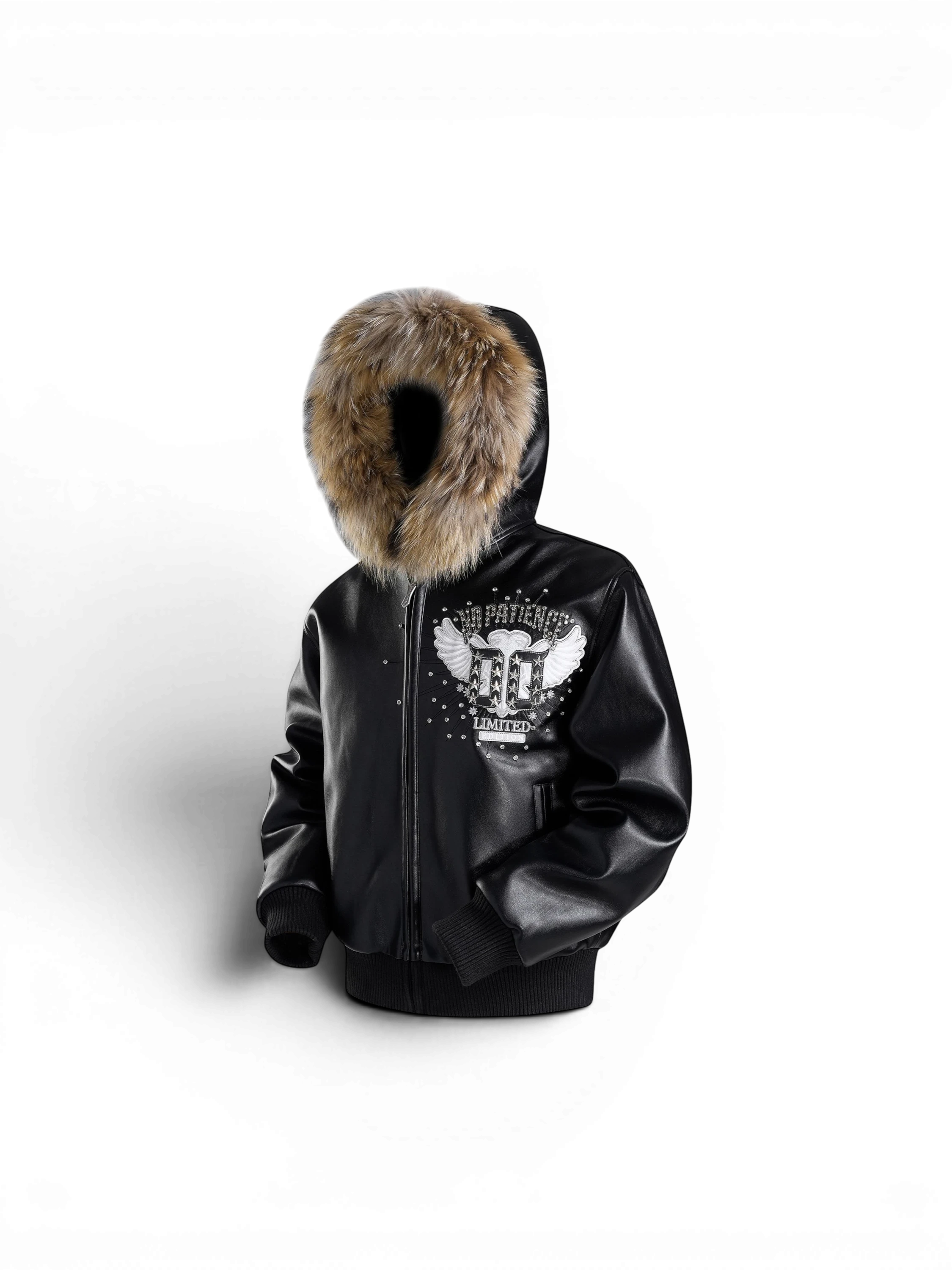 TBHNP Luminous Dawn rhinestone winged fur-hood leather jacket, black — men's gothic streetwear jacket