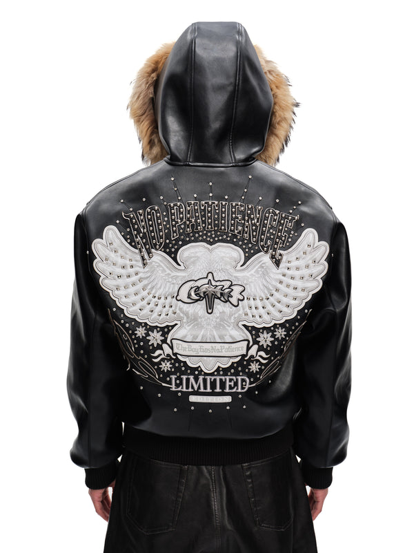LUMINOUS DAWN RHINESTONE LEATHER PATCH HOODED ZIP JACKET