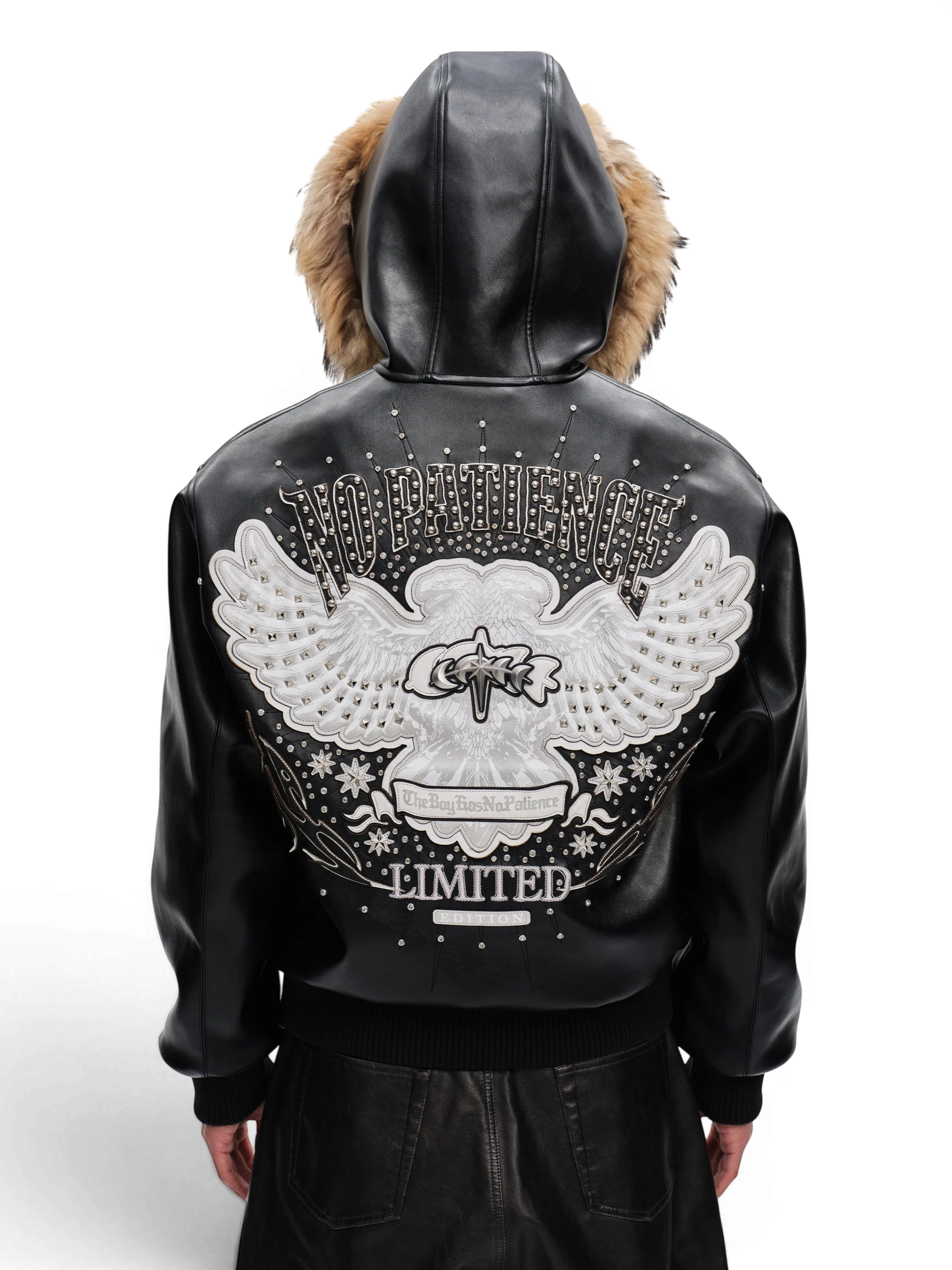 TBHNP Luminous Dawn rhinestone winged fur-hood leather jacket, black — men's gothic streetwear jacket