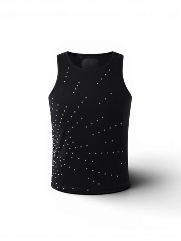 TBHNP Luminous Dawn starburst rhinestone ribbed cotton tank top, black — men's streetwear sleeveless tee