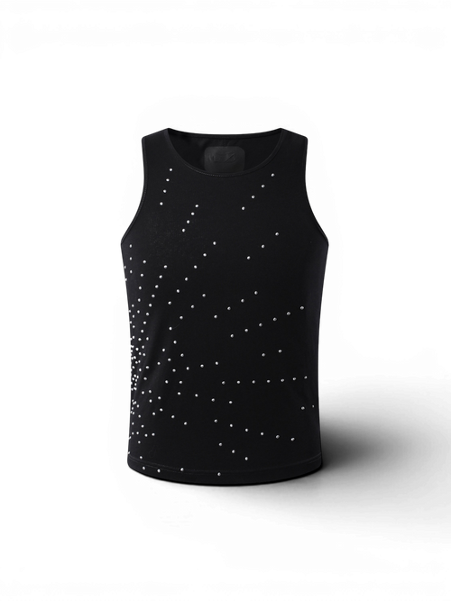TBHNP Luminous Dawn starburst rhinestone ribbed cotton tank top, black — men's streetwear sleeveless tee
