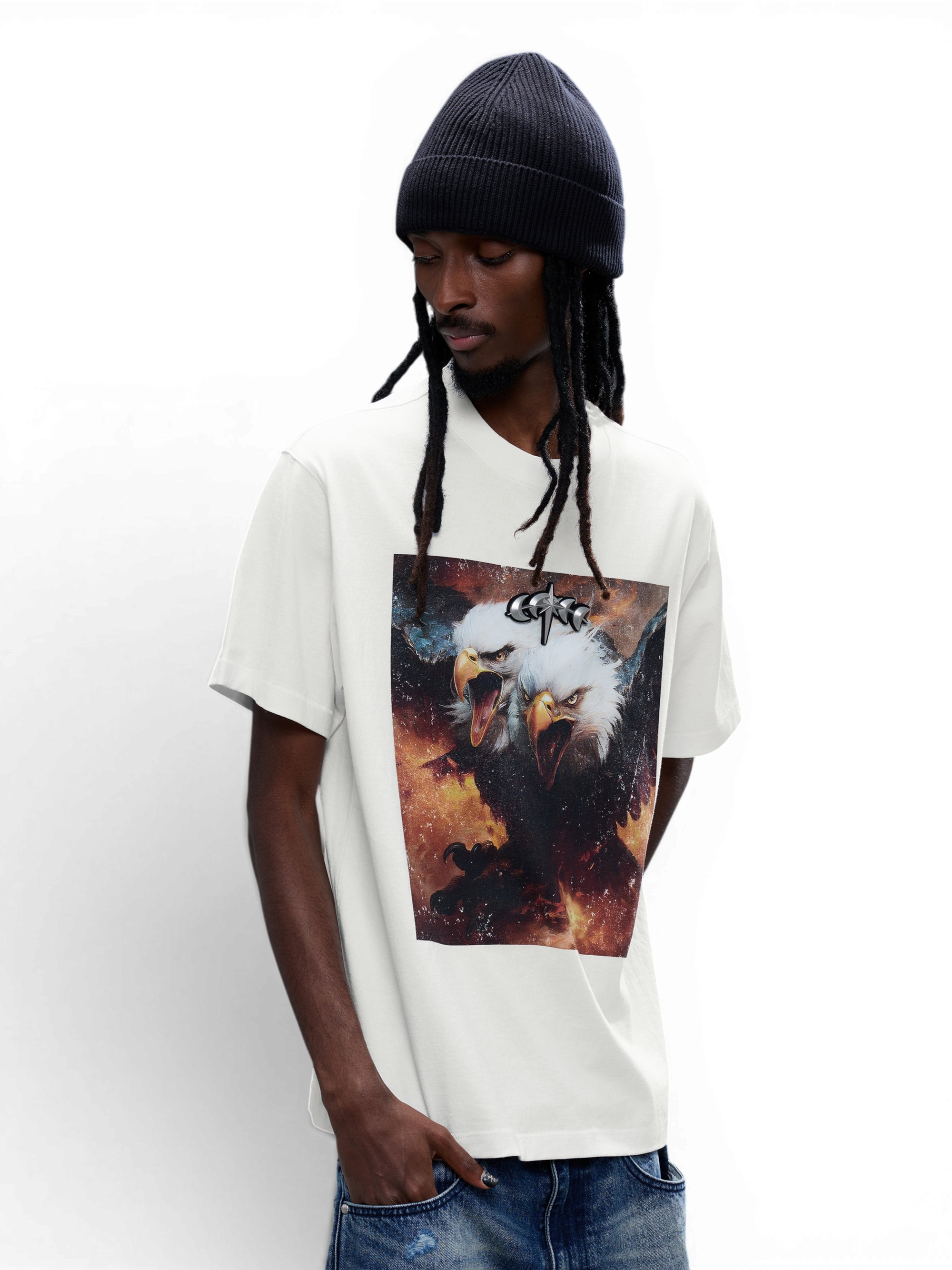 TBHNP Luminous Dawn double-headed eagle photo-print cotton t-shirt, white — men's streetwear graphic tee