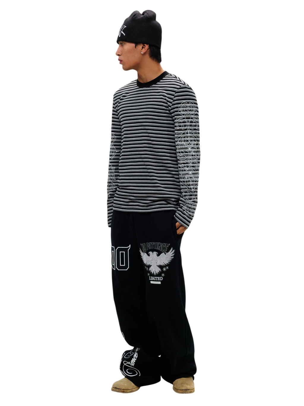 Luminous Dawn striped long-sleeve tee in Army Green, side view