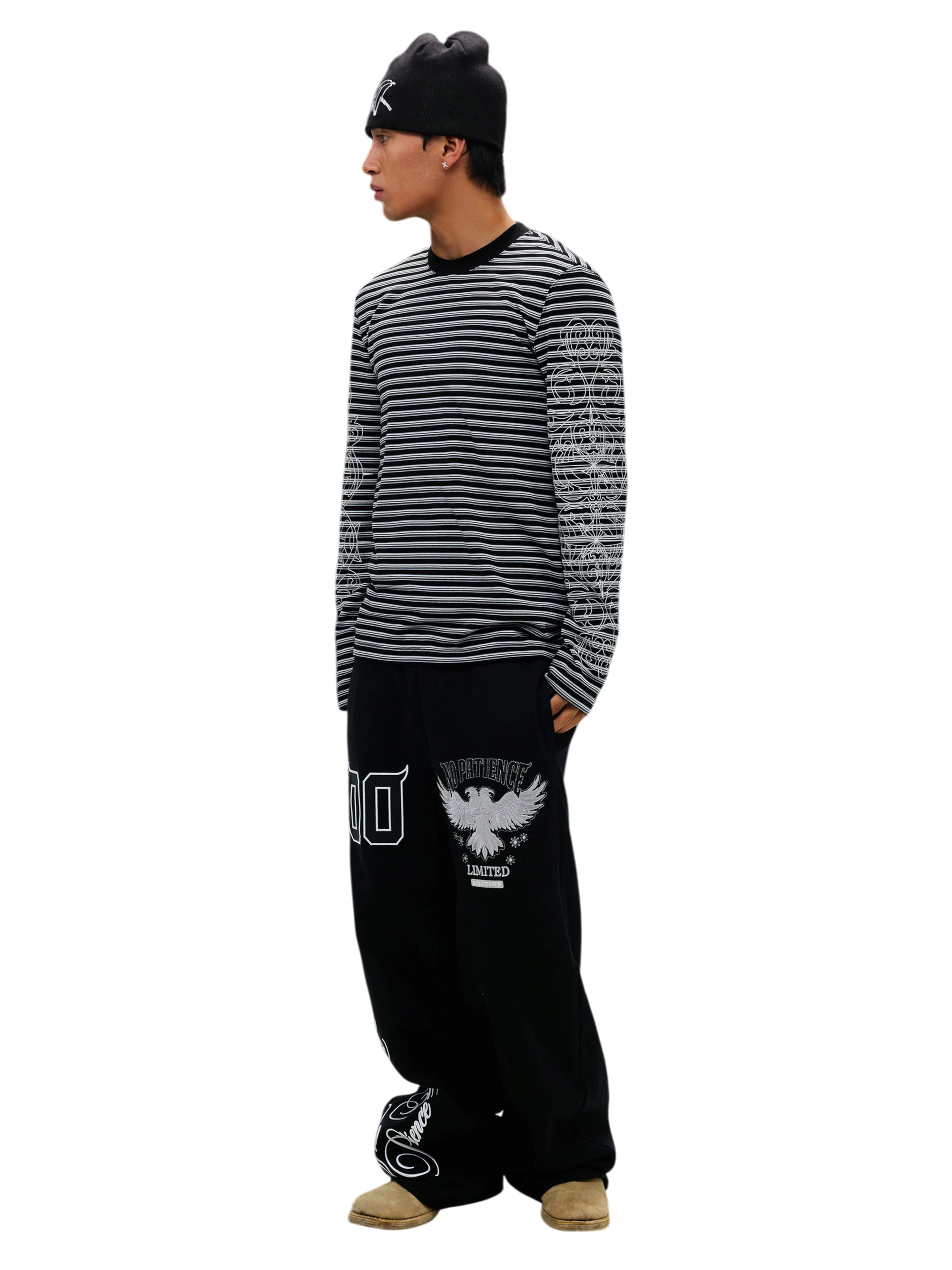 Luminous Dawn striped long-sleeve tee in Army Green, side view
