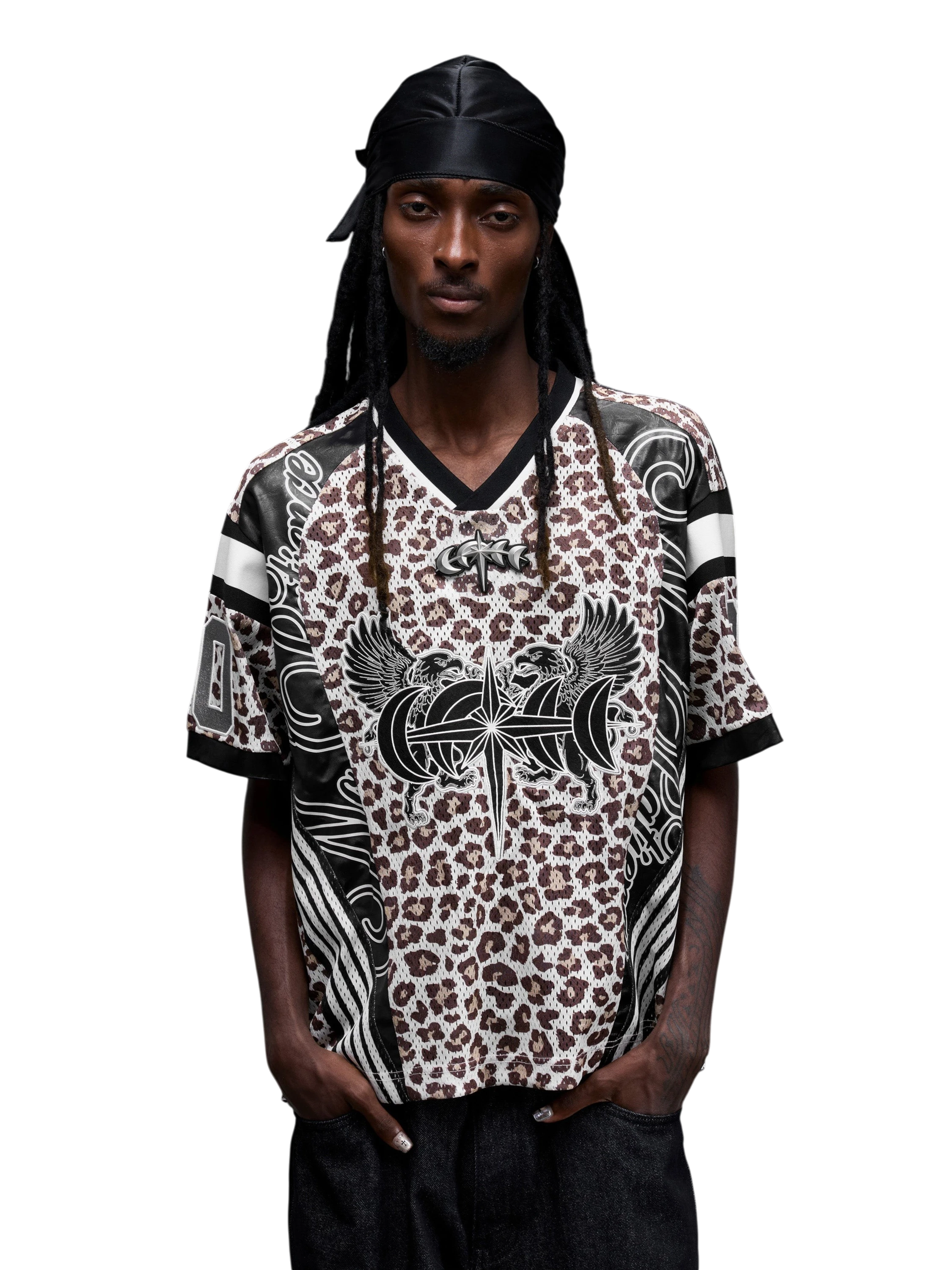 TBHNP Luminous Dawn leopard patchwork rugby shirt with double-headed eagle graphic — men's streetwear top