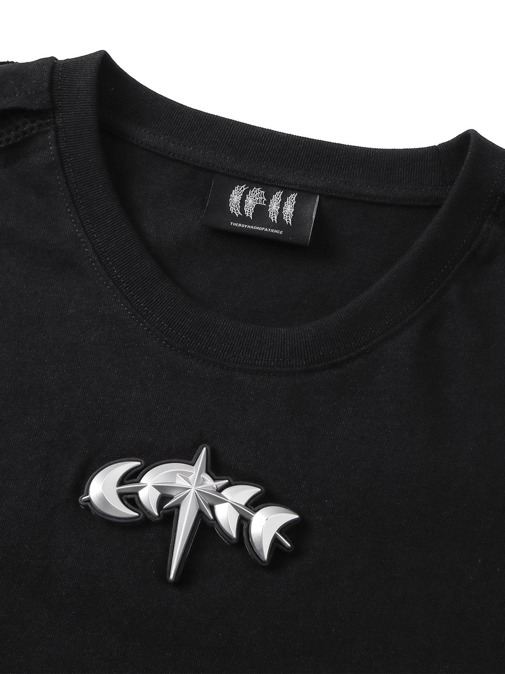 TBHNP Luminous Dawn sculpted mesh-panel long sleeve tee with metallic astral emblem — gothic streetwear