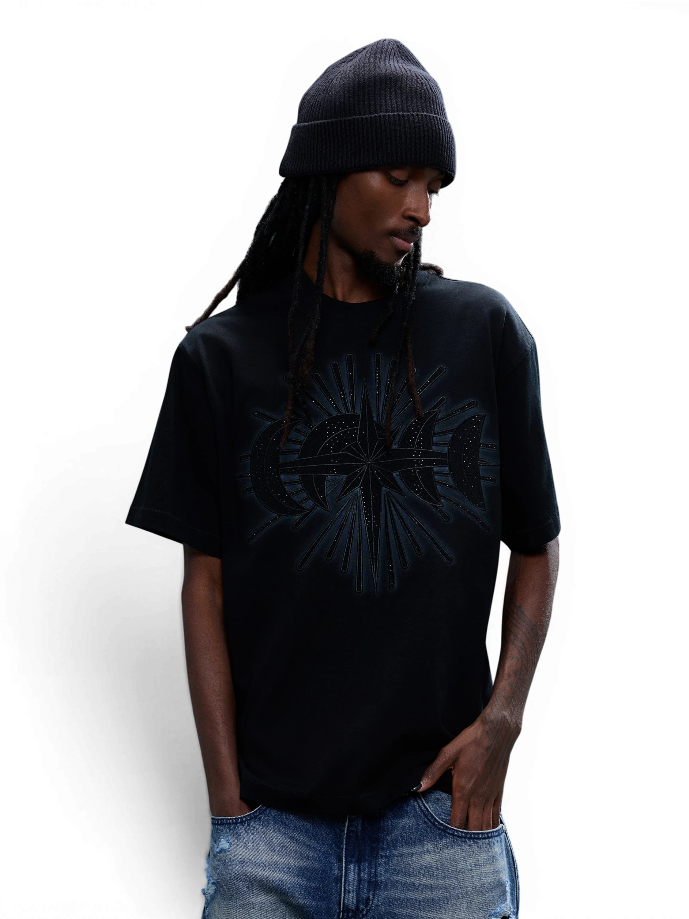 TBHNP Luminous Dawn star embroidery rhinestone cotton t-shirt — men's streetwear graphic tee