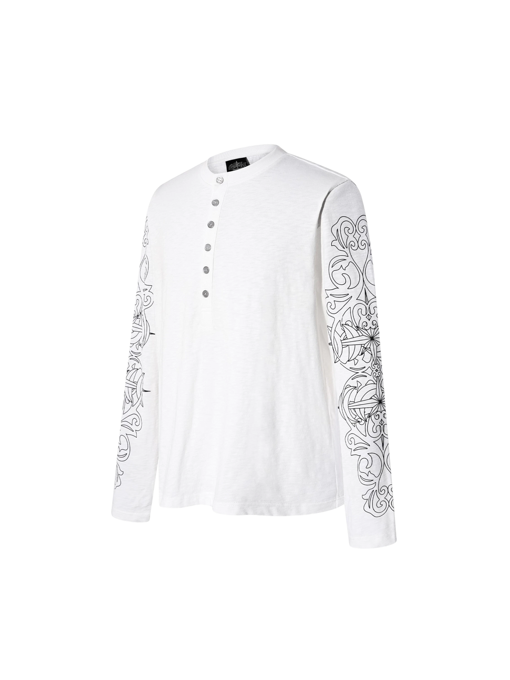 TBHNP Luminous Dawn baroque sleeve-print Henley long sleeve tee with metal buttons — gothic streetwear