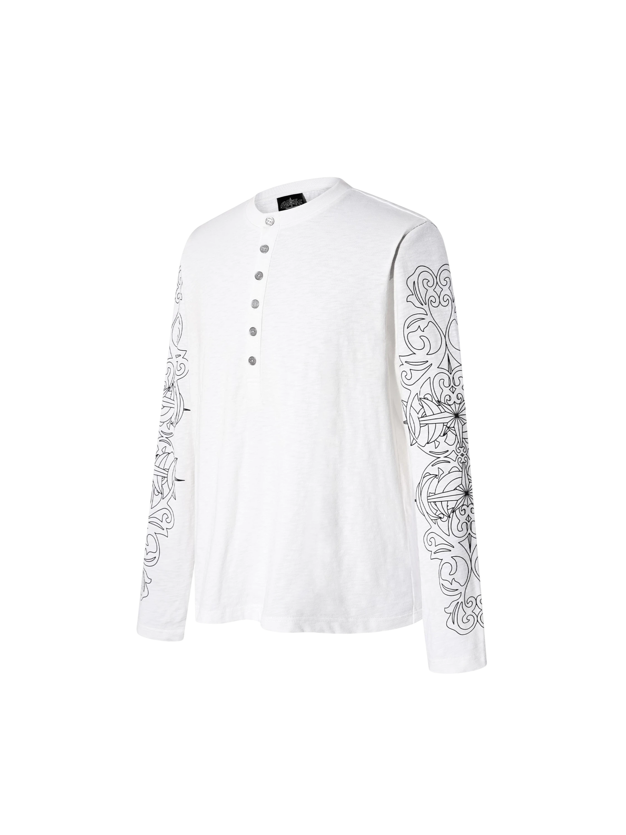 TBHNP Luminous Dawn baroque sleeve-print Henley long sleeve tee with metal buttons — gothic streetwear