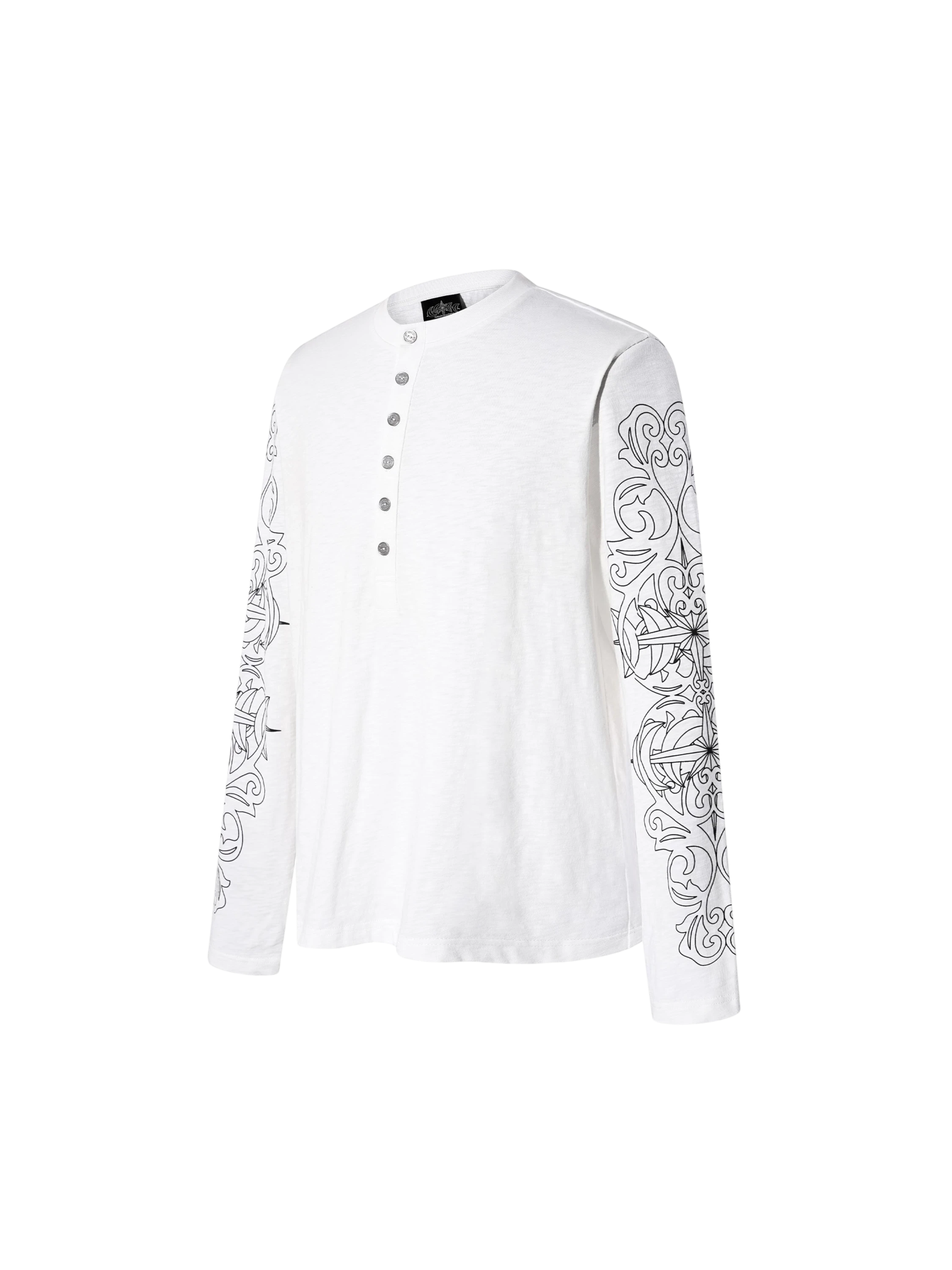 TBHNP Luminous Dawn baroque sleeve-print Henley long sleeve tee with metal buttons — gothic streetwear