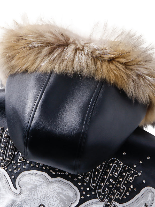 LUMINOUS DAWN RHINESTONE LEATHER PATCH HOODED ZIP JACKET